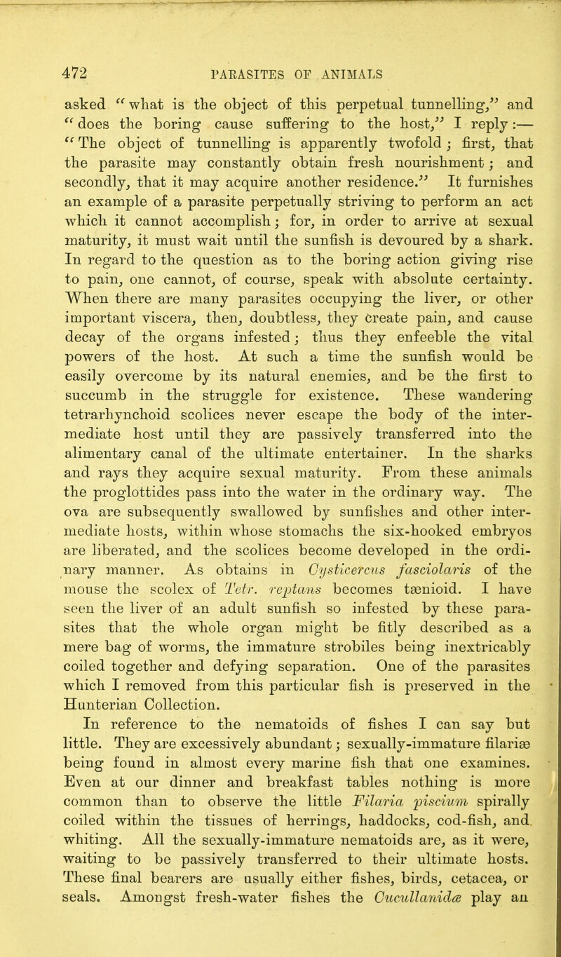 asked  what is the object of this perpetual tunnelling/' and  does the boring cause suffering to the host/' I reply:—  The object of tunnelling is apparently twofold ; first, that the parasite may constantly obtain fresh nourishment; and secondly, that it may acquire another residence. It furnishes an example of a parasite perpetually striving to perform an act which it cannot accomplish; for, in order to arrive at sexual maturity, it must wait until the sunfish is devoured by a shark. In regard to the question as to the boring action giving rise to pain, one cannot, of course, speak with absolute certainty. When there are many parasites occupying the liver, or other important viscera, then, doubtless, they Create pain, and cause decay of the organs infested thus they enfeeble the vital powers of the host. At such a time the sunfish would be easily overcome by its natural enemies, and be the first to succumb in the struggle for existence. These wandering tetrarhynchoid scolices never escape the body of the inter- mediate host until they are passively transferred into the alimentary canal of the ultimate entertainer. In the sharks and rays they acquire sexual maturity. From these animals the proglottides pass into the water in the ordinary way. The ova are subsequently swallowed by sunfishes and other inter- mediate hosts, within whose stomachs the six-hooked embryos are liberated, and the scolices become developed in the ordi- nary manner. As obtains in Gysticercus fasciolaris of the mouse the scolex of Tetr. reptans becomes tsenioid. I have seen the liver of an adult sunfish so infested by these para- sites that the whole organ might be fitly described as a mere bag of worms, the immature strobiles being inextricably coiled together and defying separation. One of the parasites which I removed from this particular fish is preserved in the Hunterian Collection. In reference to the nematoids of fishes I can say but little. They are excessively abundant; sexually-immature filariae being found in almost every marine fish that one examines. Even at our dinner and breakfast tables nothing is more common than to observe the little Filaria piscium spirally coiled within the tissues of herrings, haddocks, cod-fish, and. whiting. All the sexually-immature nematoids are, as it were, waiting to be passively transferred to their ultimate hosts. These final bearers are usually either fishes, birds, cetacea, or seals. Amongst fresh-water fishes the Cucullanida play an