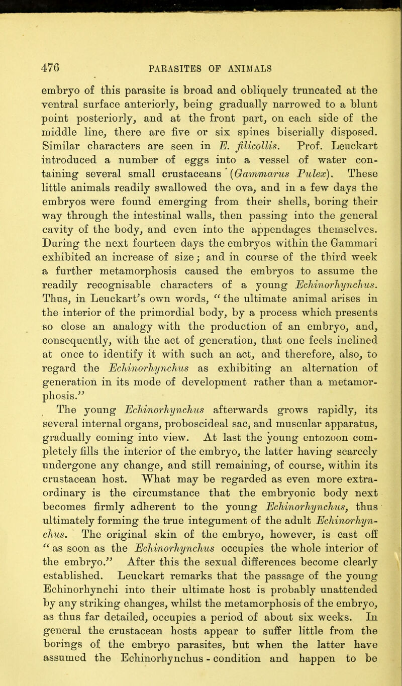 embryo of this parasite is broad and obliquely truncated at the ventral surface anteriorly, being gradually narrowed to a blunt point posteriorly, and at the front part, on each side of the middle line, there are five or six spines biserially disposed. Similar characters are seen in E. filicollis. Prof. Leuckart introduced a number of eggs into a vessel of water con- taining several small crustaceans ' (Gammarus Pulex). These little animals readily swallowed the ova, and in a few days the embryos were found emerging from their shells, boring their way through the intestinal walls, then passing into the general cavity of the body, and even into the appendages themselves. During the next fourteen days the embryos within the Gammari exhibited an increase of size; and in course of the third week a further metamorphosis caused the embryos to assume the readily recognisable characters of a young Echinorhynchus. Thus, in Leuckart's own words,  the ultimate animal arises in the interior of the primordial body, by a process which presents so close an analogy with the production of an embryo, and, consequently, with the act of generation, that one feels inclined at once to identify it with such an act, and therefore, also, to regard the Echinorhynchus as exhibiting an alternation of generation in its mode of development rather than a metamor- phosis/'' The young Echinorhynchus afterwards grows rapidly, its several internal organs, proboscideal sac, and muscular apparatus, gradually coming into view. At last the young entozoon com- pletely fills the interior of the embryo, the latter having scarcely undergone any change, and still remaining, of course, within its crustacean host. What may be regarded as even more extra- ordinary is the circumstance that the embryonic body next becomes firmly adherent to the young Echinorhynchus, thus ultimately forming the true integument of the adult Echinorhyn- chus. The original skin of the embryo, however, is cast off  as soon as the Echinorhynchus occupies the whole interior of the embryo. After this the sexual differences become clearly established. Leuckart remarks that the passage of the young Echinorhynchi into their ultimate host is probably unattended by any striking changes, whilst the metamorphosis of the embryo, as thus far detailed, occupies a period of about six weeks. In general the crustacean hosts appear to suffer little from the borings of the embryo parasites, but when the latter have assumed the Echinorhynchus - condition and happen to be