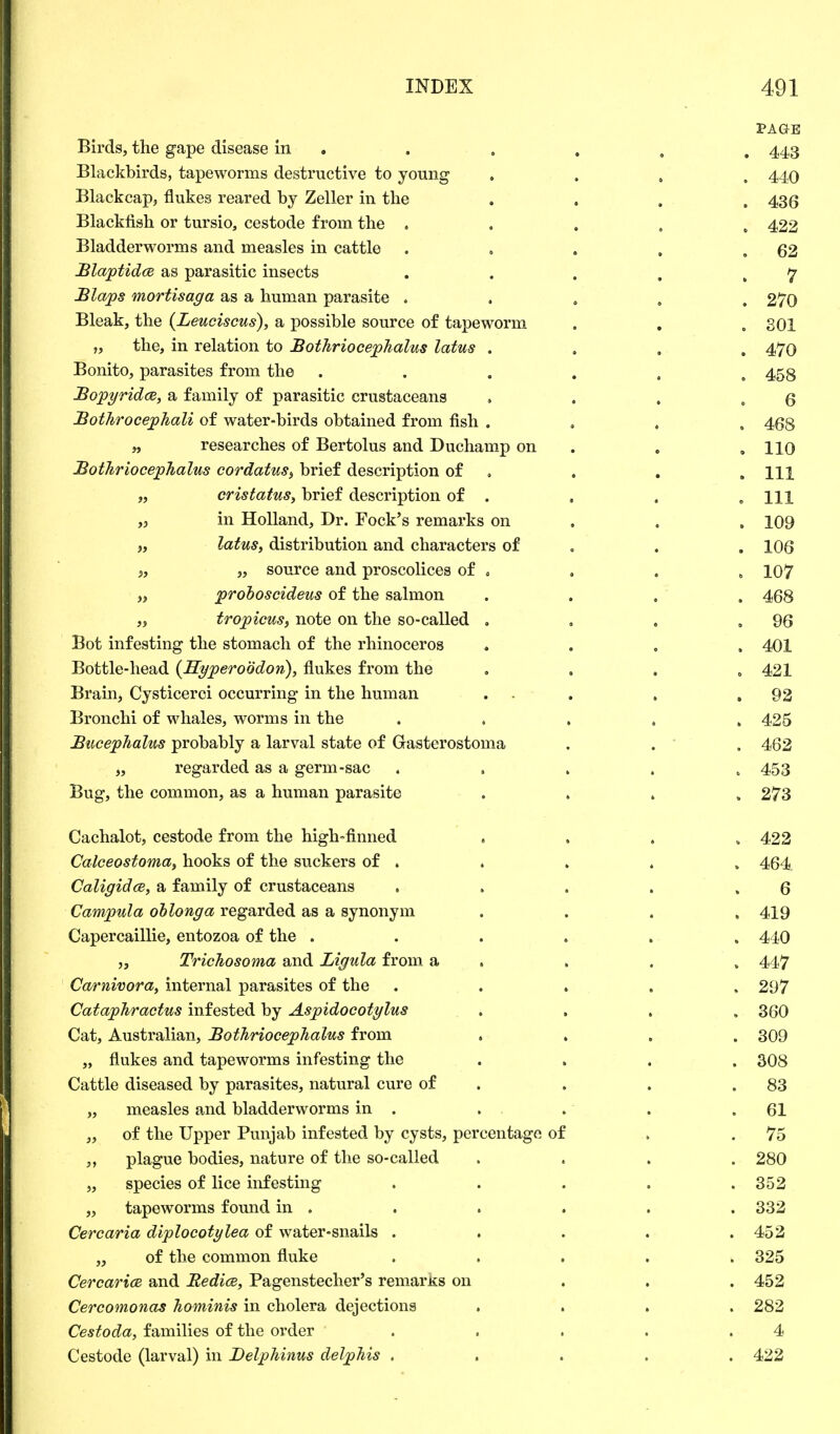 PAGE Birds, the gape disease in . . . , , 443 Blackbirds, tapeworms destructive to young .... 440 Blackcap, flukes reared by Zeller in the .... 43(5 Blackfish or tursio, cestode from the ..... 422 Bladderworms and measles in cattle . . . . .62 Blaptidce as parasitic insects . . . . .7 Blaps mortisaga as a human parasite ..... 270 Bleak, the (Leueiscus), a possible source of tapeworm . . . 301 „ the, in relation to Bothriocephalus latus .... 470 Bonito, parasites from the ...... 458 Bopyridce, a family of parasitic crustaceans . . . .6 Bothrocephali of water-birds obtained from fish .... 468 „ researches of Bertolus and Duchamp on . ,110 Bothriocephalus cordatus> brief description of , . . m „ cristatus, brief description of . . . .111 „ in Holland, Dr. Fock's remarks on . . 109 „ latus, distribution and characters of . .106 « „ source and proscolices of . , . , 107 „ proboscideus of the salmon .... 468 „ tropicus, note on the so-called . , . ,96 Bot infesting the stomach of the rhinoceros .... 401 Bottle-head {Syperoodon), flukes from the .... 421 Brain, Cysticerci occurring in the human . . . .92 Bronchi of whales, worms in the ..... 425 Bucephalus probably a larval state of Gasterostoma . . . 462 „ regarded as a germ-sac ..... 453 Bug, the common, as a human parasite .... 273 Cachalot, cestode from the high-finned .... 422 Calceostoma, hooks of the suckers of . . . . , 464 Caligidce, a family of crustaceans . , . . .6 Campula oblonga regarded as a synonym .... 419 Capercaillie, entozoa of the ...... 440 „ Tricliosoma and Ligula from a . . , 447 Carnivora, internal parasites of the ..... 297 Cataphractus infested by Aspidocotylus . . , , 360 Cat, Australian, Bothriocephalus from .... 309 „ flukes and tapeworms infesting the .... 308 Cattle diseased by parasites, natural cure of . . .83 „ measles and bladderworms in . . . . . .61 „ of the Upper Punjab infested by cysts, percentage of . .75 plague bodies, nature of the so-called .... 280 „ species of lice infesting . . . . .352 „ tapeworms found in . . . . . . 332 Cercaria diplocotylea of water-snails ..... 452 „ of the common fluke ..... 325 CercaricB and Redice, Pagenstecher's remarks on ... 452 Cercomonas hominis in cholera dejections .... 282 Cestoda, families of the order . . . . .4 Cestode (larval) in Delphinus delphis ..... 422