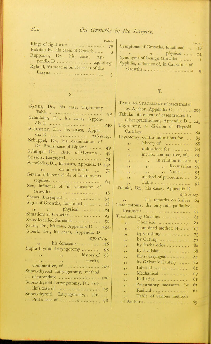 PAGE. Rings of rigid wire 79 Rokitansky, his cases of GroM'th 3 Ruppancr, Dr., his cases, Ap- Ped'^D 2^oetse<j. Ryland, his treatise on Diseases of t;Iie Larynx ^ Sands, Dr., his case, Thyrotomy Table ^2 Sehnitzler, Dr., his cases, Appen- '^'^^ 240 Schroetter, Dr., his cases, Appen- '^i^D 2Z(,etseq. Schiippel, Dr., his examination of Dr. Bmns' case of Lipoma 49 Schiippel, Dr., ditto of Myxoma... 48 Scissors, Laryngeal 74 Semeleder, Dr., his cases. Appendix D 232 >> on tube-forceps 71 Several different kinds of Listruments required 5^ Sex, influence of, in Causation of Growths 15 Shears, Laryngeal 7^ Signs of Growths, functional 18 >> >> physical 24 Situations of Growths 25 Spindle-celled Sarcoma 50 Stark, Dr., his case. Appendix D ... 234 Stoerk, Dr., his cases. Appendix D 230 et seq. . ,, his ecraseurs 78 Supra-thyroid Laryngotomy 98 ;> history of 98 >> ), merits, comparative, of 100 ■Supra-thyroid Laryngotomy, method of procedure 100 Supra-thyroid Laryngotomy, Dr. Fol- lin's. case of 99 Supra-thyroid Laryngotomy, • Dr. Prat's case of rj. 98 t'AGK. Symptoms of Growths, functional ... 18  ). physical 24 Synonyms of Benign Growths i Syphilis, influence of, in Causation of Growths , 9 T. Tabular Statement of cases treated by Author, Appendix C 209 Tabular Statement of cases treated by other practitioners, Appendix D... 225 Thyrotomy, or division of Thyroid Cartilage gg Thyrotomy, contra-indications for ... 89 ,, history of 88 ,, indications for 88 ,, merits, comparative, of... 91 )> )) in relation to Life 94 >> )) ), RecuiTence 97 >> >) ), Voice , 95 ,, method of procedure 89 ,, Table 92 Tobold, Dr., his cases, Appendix D 236 et seq. M his remarks on knives 64 Tracheotomy, the only safe palliative treatment 61 Treatment by Caustics 8r ,, Chemical 8i ,, Combined method of 105 ,, by Crushing 73 ,, by Cutting 73 ,, by Escharotics 82 I, by Evulsion 68 ,, Extra-laryngeal 84 ,, by Galvanic Cautery 82 ,, Internal 62 ,, Mechanical 67 ,, Palliative 61 ,, Preparatory measures for 67 Radical 61 ,, Table of various methods of Author's 6c