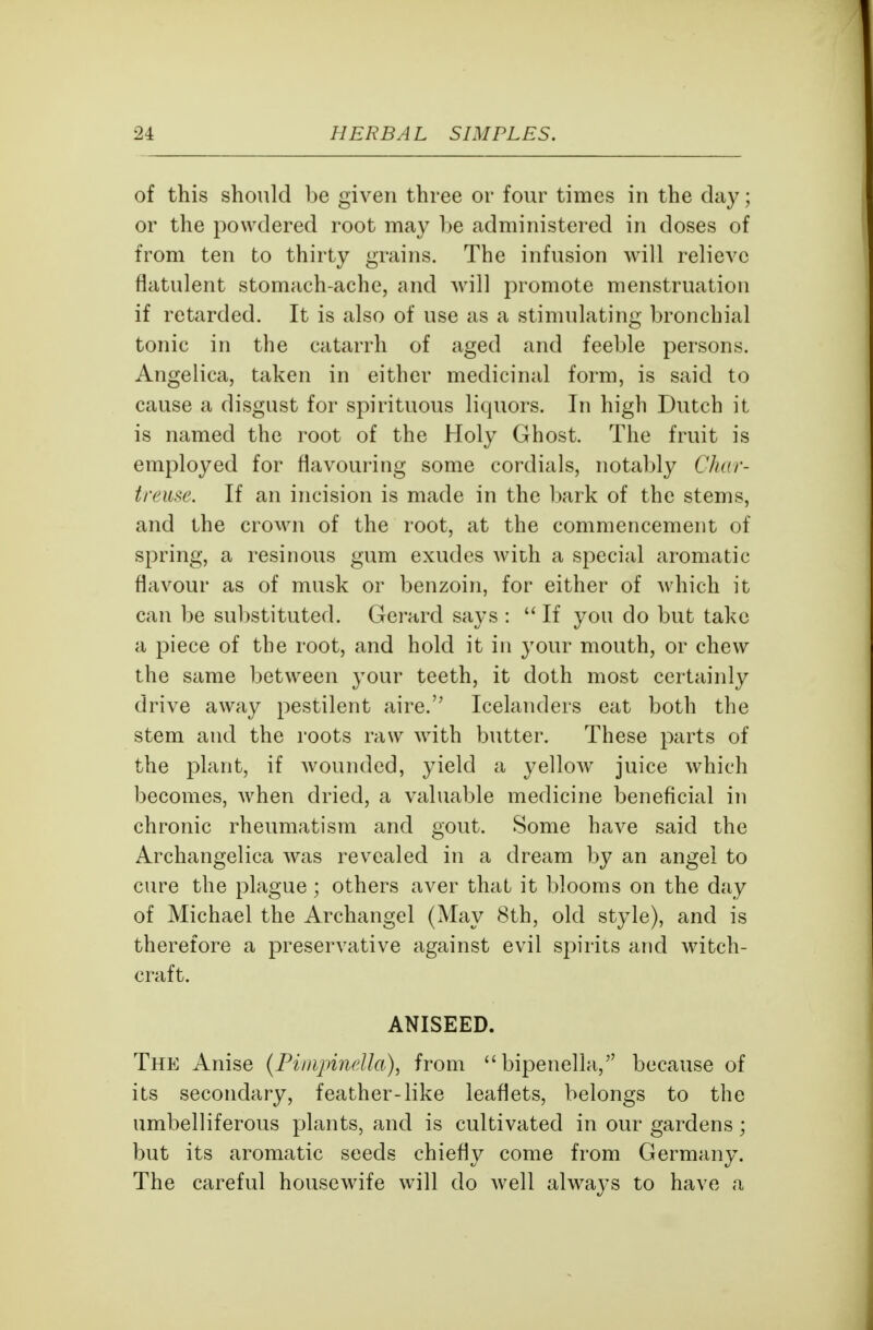 of this should be given three or four times in the day; or the powdered root may be administered in doses of from ten to thirty grains. The infusion will relieve flatulent stomach-ache, and will promote menstruation if retarded. It is also of use as a stinnilating bronchial tonic in the catarrh of aged and feeble persons. Angelica, taken in either medicinal form, is said to cause a disgust for spirituous liquors. In high Dutch it is named the root of the Holy Ghost. The fruit is employed for flavouring some cordials, notably Char- treme. If an incision is made in the bark of the stems, and the crown of the root, at the commencement of spring, a resinous gum exudes with a special aromatic flavour as of musk or benzoin, for either of which it can be sul)stituted. Gerard says :  If you do but take a piece of the root, and hold it in your mouth, or chew the same between your teeth, it doth most certainly drive away pestilent aire. Icelanders eat both the stem and the roots raw with butter. These parts of the plant, if wounded, yield a yellow juice which becomes, when dried, a valuable medicine beneficial in chronic rheumatism and gout. Some have said the Archangelica was revealed in a dream by an angel to cure the plague ; others aver that it blooms on the day of Michael the Archangel (May 8th, old style), and is therefore a preservative against evil spirits and witch- craft. ANISEED. The Anise {Pinipimdla), from bipenella, because of its secondary, feather-like leaflets, belongs to the umbelliferous plants, and is cultivated in our gardens; but its aromatic seeds chiefly come from Germany. The careful housewife will do well always to have a