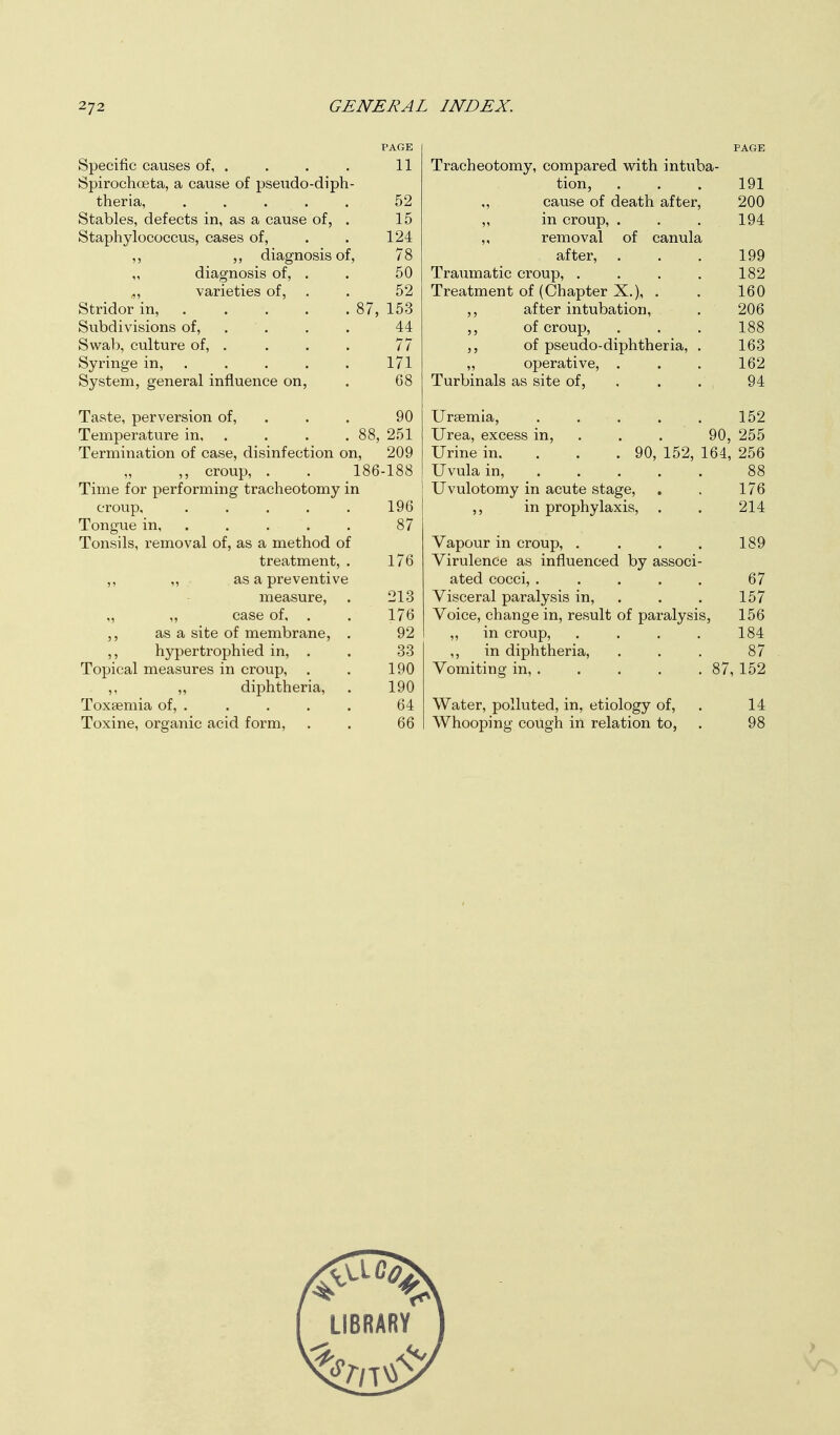 PAGE Specific causes of 11 Spirochoeta, a cause of pseudo-diph- theria, ..... 52 Stables, defects in, as a cause of, . 15 Staphylococcus, cases of, 124 diagnosis of, 78 „ diagnosis of, . 50 ,, varieties of, . 52 Stridor in, . . . . .8 7, 153 Subdivisions of, . 44 Swab, culture of, . 77 Syringe in, . 171 System, general influence on, 68 Taste, perversion of, , 90 Temperature in, . . . . ^ 8, 251 Termination of case, disinfection on, 209 ,, croup, . . 186-188 Time for performing tracheotomy in croup, ..... 196 Tongue in, .... . 87 Tonsils, removal of, as a method of treatment, . 176 ,, ,, as a preventive measure, 213 „ ,, case of. . 176 ,, as a site of membrane, . 92 ,, hypertrophied in, . 33 Topical measures in croup, . 190 ,, „ diphtheria. 190 Toxaemia of, . 64 Toxine, organic acid form. 66 PAGE Tracheotomy, compared with intuba- tion, . . . 191 ,, cause of death after, 200 „ in croup, . . . 194 ,, removal of canula after, . . . 199 Traumatic croup, . . . . 182 Treatment of (Chapter X.), . . 160 ,, after intubation, . 206 ,, of croup, . . . 188 ,, of pseudo-diphtheria, . 163 „ operative, . . . 162 Turbinals as site of, . . . , 94 Uraemia, . . . . . 152 Urea, excess in, . . . 90, 255 Urine in. . . . 90, 152, 164, 256 Uvula in, 88 Uvulotomy in acute stage, . , 176 ,, in prophylaxis, . . 214 Vapour in croup, . . . . 189 Virulence as influenced by associ- ated cocci, . . . . . 67 Visceral paralysis in, . . . 157 Voice, change in, result of paralysis, 156 „ in croup, . . . . 184 ,, in diphtheria, . . . 87 Vomiting in 87, 152 Water, polluted, in, etiology of, . 14 Whooping cough in relation to, . 98