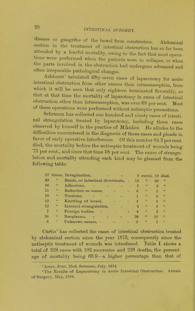 oc INTESTINAL SURGERY. ■ disease or gangrene of the bowel from constriction. Abdominal section m the treatment of intestinal obstruction has so far been attended by a fearful mortality, owing to the fact that most opera- tions were performed when the patients were in collapse, or when the parts involved in the obstruction had undergone advanced and often irreparable pathological changes. Ashhurst1 tabulated fifty-seven cases of laparotomy for acute intestinal obstruction from other causes than intussusception, from which it will be seen that only eighteen terminated favorably, so that at that time the mortality of laparotomy in cases of intestinal obstruction other than intussusception, was over 68 per cent. Most of these operations were performed without antiseptic precautions. Schramm has collected one hundred and ninety cases of intesti- nal strangulation treated by laparotomy, including three cases observed by himself in the practice of Mikulicz. He alludes to the difficulties encountered in the diagnosis of these cases and pleads in favor of early operative interference. Of this number 64.2 per cent, died, the mortality before the antiseptic treatment of wounds being 73 per cent., and since that time 58 per cent. The cause of strangu- lation and mortality attending each kind may be gleaned from the following table: 27 times, Invagination, 8 cured, 19 49 Bands, or intestinal diverticula, - 13 it 36 16 Adhesions, 7 it 9 11  Reduction en masse, 6 u 5 10 Torsions, 1 u 9 12  Knotting of bowel, 4 n 8 12  Internal strangulation, 4 tt 8 7 Foreign bodies, 4 cc 3 38  Neoplasms, 16 « 22 8  Unknown causes, - 5 3 Curtis2 has collected the cases of intestinal obstruction treated by abdominal section since the year 1873, consequently since the antiseptic treatment of wounds was introduced. Table I. shows a total of 328 cases with 102 recoveries and 226 deaths, the percent- age of mortality being 68.9—a higher percentage than that of 1 Amer. Jour. Med. Sciences, July, 1874. 2 The Results of Laparotomy in Acute Intestinal Obstruction. Annals of Surgery, May, 1888.