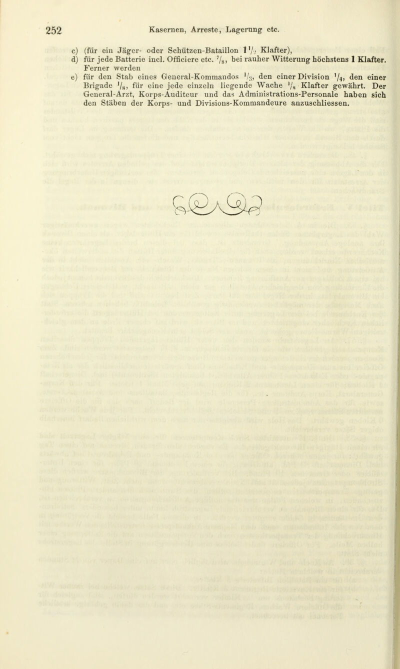 c) (für ein Jäger- oder Schützen-Bataillon 1'/_» Klafter), d) für jede Batterie incl. Officiere etc. 7/s> De* iauner Witterung höchstens 1 Klafter. Ferner werden e) für den Stab eines General-Kommandos Vg> den einer Division '/4> den einer Brigade '/s» ^r eine jede einzeln liegende Wache '/s Klafter gewährt. Der General-Arzt, Korps-Auditeur und das Administrations-Personale haben sich den Stäben der Korps- und Divisions-Komrnandeure anzuschliessen.