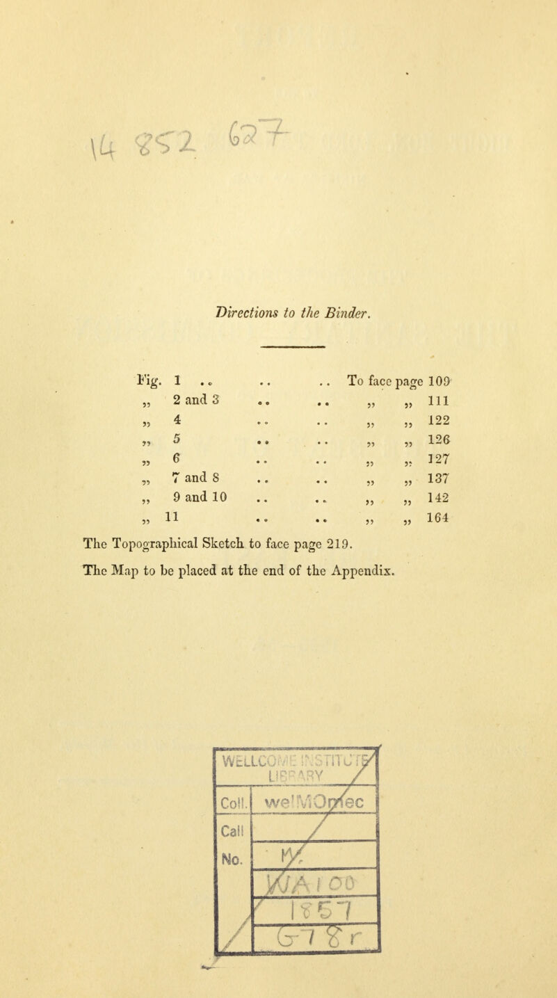 Directions to the Binder. 1 .. 2 and 3 4 5 6 7 and 8 9 and 10 11 The Topographical Sketch to face page 219. The Map to be placed at the end of the Appendix. To face page 109 111 wellcome •/ stituw Library / Coll. we'rvSQrrfec Call / No. VI'  ■ / f |. r 1