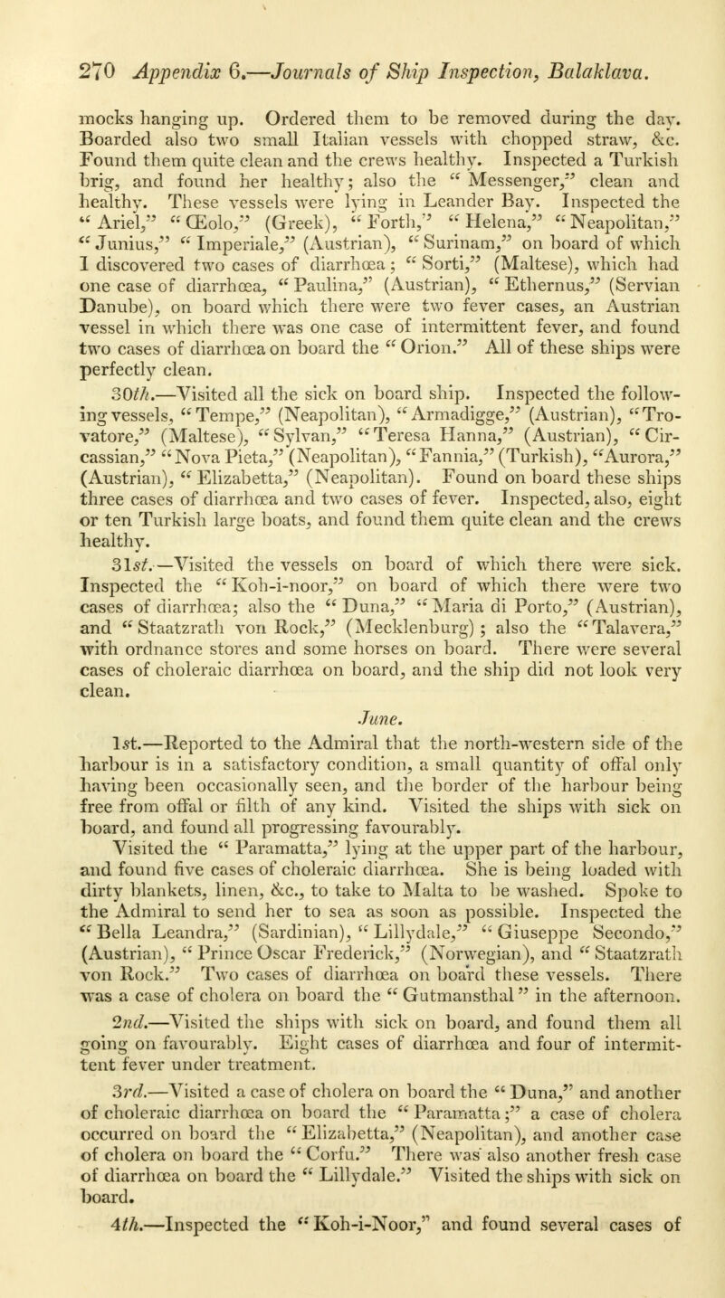 mocks hanging up. Ordered them to be removed during the day. Boarded also two small Italian vessels with chopped straw, &c. Found them quite clean and the crews healthy. Inspected a Turkish brig, and found her healthy; also the  Messenger/' clean and healthy. These vessels were lying in Leander Bay. Inspected the  Ariel/5 (Eolo, (Greek), Forth, Helena, Neapolitan/'  Junius/'  Imperiale, (Austrian),  Surinam/' on board of which 1 discovered two cases of diarrhoea;  Sorti, (Maltese), which had one case of diarrhoea,  Paulina, (Austrian), « Ethernus, (Servian Danube), on board which there were two fever cases, an Austrian vessel in which there was one case of intermittent fever, and found two cases of diarrhoea on board the  Orion. All of these ships were perfectly clean. 30th.—Visited all the sick on board ship. Inspected the follow- ing vessels, Tempe, (Neapolitan), Armadigge, (Austrian), Tro- vatore, (Maltese), Sylvan, Teresa Hanna, (Austrian), Cir- cassian, Nova Pieta, (Neapolitan), Fannia, (Turkish), Aurora, (Austrian),  Elizabetta, (Neapolitan). Found on board these ships three cases of diarrhoea and two cases of fever. Inspected, also, eight or ten Turkish large boats, and found them quite clean and the crews healthy. 31s/.—Visited the vessels on board of which there were sick. Inspected the  Koh-i-noor, on board of which there were two cases of diarrhoea; also the  Duna,  Maria di Porto, (Austrian), and Staatzrath von Rock/' (Mecklenburg); also the Talavera, with ordnance stores and some horses on board. There were several cases of choleraic diarrhoea on board, and the ship did not look very clean. June. 1st.—Reported to the Admiral that the north-western side of the liarbour is in a satisfactory condition, a small quantity of offal only having been occasionally seen, and the border of the harbour being free from offal or filth of any kind. Visited the ships with sick on board, and found all progressing favourably. Visited the  Paramatta, lying at the upper part of the harbour, and found five cases of choleraic diarrhoea. She is being loaded with dirty blankets, linen, &c, to take to Malta to be washed. Spoke to the Admiral to send her to sea as soon as possible. Inspected the  Bella Leandra, (Sardinian),  Lillydale,  Giuseppe Secondo, (Austrian),  Prince Oscar Frederick, (Norwegian), and  Staatzrath von Rock. Two cases of diarrhoea on board these vessels. There was a case of cholera on board the  Gutmansthal in the afternoon. 2nd.—Visited the ships with sick on board, and found them all going on favourably. Eight cases of diarrhoea and four of intermit- tent fever under treatment. 3rd.—Visited a case of cholera on board the  Duna, and another of choleraic diarrhoea on board the  Paramatta; a case of cholera occurred on board the  Elizabetta, (Neapolitan), and another case of cholera on board the  Corfu. There was also another fresh case of diarrhoea on board the  Lillydale. Visited the ships with sick on board. 4th.—Inspected the  Koh-i-Noor/' and found several cases of