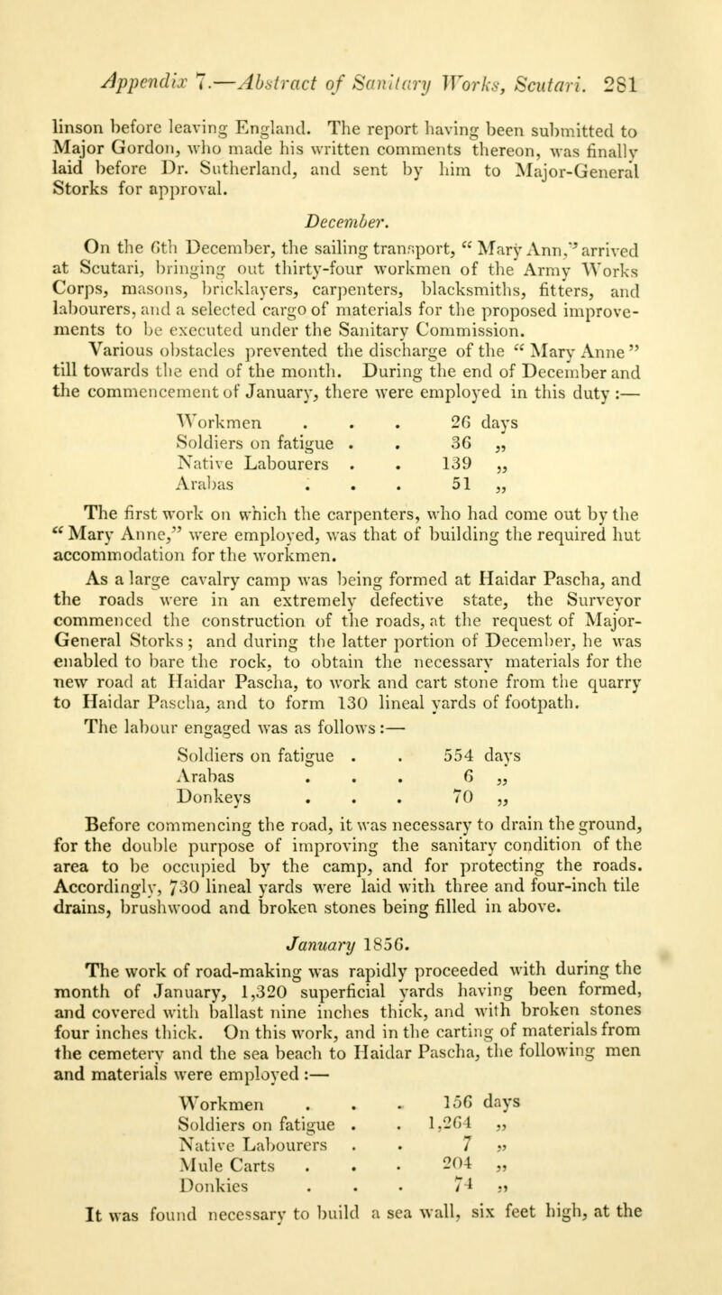 linson before leaving England. The report having been submitted to Major Gordon, who made his written comments thereon, was finally laid before Dr. Sutherland, and sent by him to Major-General Storks for approval. December. On the 6th December, the sailing transport,  Mary Ann/5 arrived at Scutari, bringing out thirty-four workmen of the Army Works Corps, masons, bricklayers, carpenters, blacksmiths, fitters, and labourers, and a selected cargo of materials for the proposed improve- ments to be exeeuted under the Sanitary Commission. Various obstacles prevented the discharge of the  Mary Anne  till towards the end of the month. During the end of December and the commencement of January, there were employed in this duty :— Workmen ... 26 days Soldiers on fatigue . 36 „ Native Labourers . . 139 „ Arabas . . . 51 ,, The first work on which the carpenters, who had come out by the * Mary Anne/' were employed, was that of building the required hut accommodation for the workmen. As a large cavalry camp was being formed at Haidar Pascha, and the roads were in an extremely defective state, the Surveyor commenced the construction of the roads, at the request of Major- General Storks; and during the latter portion of December, he was enabled to bare the rock, to obtain the necessary materials for the new road at Haidar Pascha, to work and cart stone from the quarry to Haidar Pascha, and to form 130 lineal yards of footpath. The labour engaged was as follows:— Soldiers on fatigue . . 554 days Arabas ... 6 „ Donkeys ... 70 „ Before commencing the road, it was necessary to drain the ground, for the double purpose of improving the sanitary condition of the area to be occupied by the camp, and for protecting the roads. Accordingly, 730 lineal yards were laid with three and four-inch tile drains, brushwood and broken stones being filled in above. January 1856. The work of road-making was rapidly proceeded with during the month of January, 1,320 superficial yards having been formed, and covered with ballast nine inches thick, and with broken stones four inches thick. On this work, and in the carting of materials from the cemetery and the sea beach to Haidar Pascha, the following men and materials were employed :— Workmen . . . 156 days Soldiers on fatigue . . 1,264 „ Native Labourers . 7 » Mule Carts ... 204 „ Donkies ... 74 .» It was found necessary to build a sea wall, six feet high, at the
