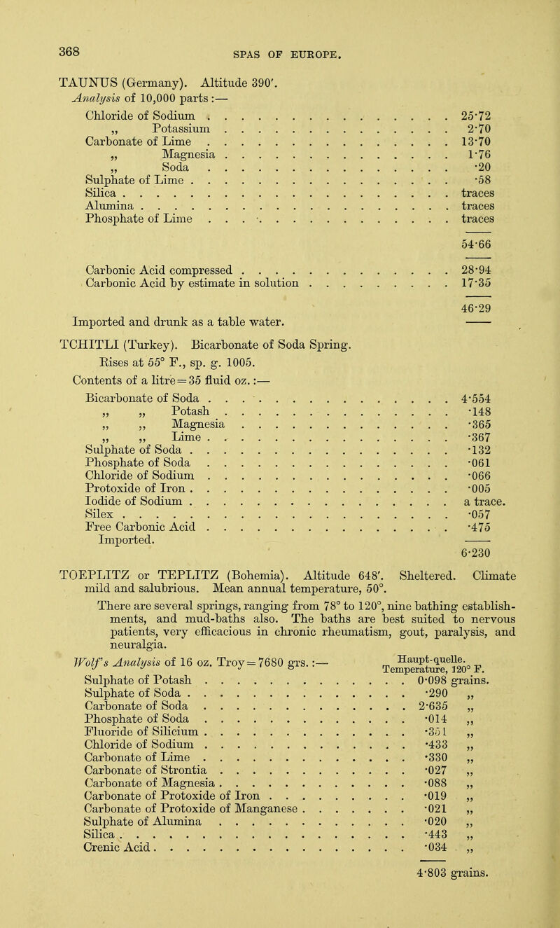 TAUNUS (Germany). Altitude 390'. Analysis of 10,000 parts :— Chloride of Sodium 25*72 „ Potassium 2*70 Carbonate of Lime 13-70 „ Magnesia 1*76 „ Soda . . . -20 Sulphate of Lime '58 Silica traces Alumina traces Phosphate of Lime . . . ■ traces 54-66 Carbonic Acid compressed 28*94 Carbonic Acid by estimate in solution 17*35 46*29 Imported and drunk as a table water. TCHITLI (Turkey). Bicarbonate of Soda Spring. Eises at 55° F., sp. g. 1005. Contents of a litre = 35 fluid oz.:— Bicarbonate of Soda ... 4-554 „ „ Potash -148 „ „ Magnesia -365 „ „ Lime . ^ -367 Sulphate of Soda -132 Phosphate of Soda -061 Chloride of Sodium . -066 Protoxide of Iron -005 Iodide of Sodium a trace. Silex -057 Free Carbonic Acid -475 Imported. 6-230 TOEPLITZ or TEPLITZ (Bohemia). Altitude 648'. Sheltered. Climate mild and salubrious. Mean annual temperature, 50°. There are several springs, ranging from 78° to 120°, nine bathing establish- ments, and mud-baths also. The baths are best suited to nervous patients, very efficacious in chronic rheumatism, gout, paralysis, and neuralgia. Wolfs Analysis of 16 oz. Troy = 7680 grs.:- TeSStSfSo- P. Sulphate of Potash 0-098 grains. Sulphate of Soda -290 „ Carbonate of Soda 2-635 „ Phosphate of Soda -014 ,, Fluoride of Silicium -351 „ Chloride of Sodium -433 „ Carbonate of Lime *330 „ Carbonate of Strontia -027 Carbonate of Magnesia *088 „ Carbonate of Protoxide of Iron -019 „ Carbonate of Protoxide of Manganese -021 „ Sulphate of Alumina *020 „ Silica -443 „ Crenic Acid -034 „