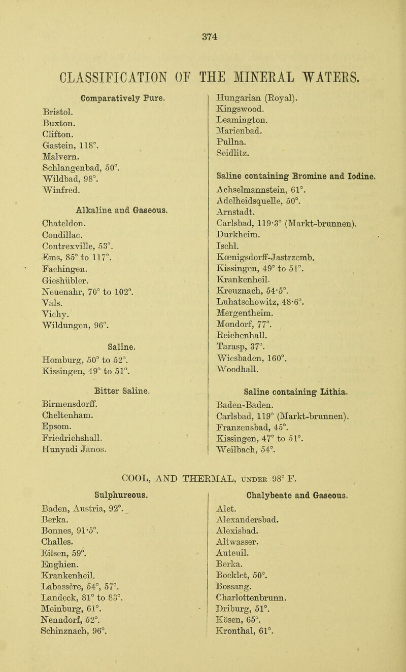 CLASSIFICATION OF Comparatively Pure. Bristol. Buxton. Clifton. Gastein, 118°. Malvern. Schlangenbad, 50°. Wildbad, 98°. Winfred. Alkaline and Gaseous. Chateldon. Condillac. Contrexville, 53°. Ems, 85° to 117°. Fachingen. Gieshiibler. Neuenahr, 70° to 102°. Vals. Vichy. Wildungen, 96°. Saline. Homburg, 50° to 52°. Kissingen, 49° to 51°. Bitter Saline. Birmensdorff. Cbeltenbam. Epsom. Friedrichshall. Hunyadi Janos. THE MINERAL WATERS. Hungarian (Boyal). Kings wood. Leamington. Marienbad. Pullna. Seidlitz. Saline containing Bromine and Iodine. Achselmannstein, 61°. Adelheidsquelle, 50°. Arnstadt. Carlsbad, 119-3° (Markt-brunnen). Durkbeim. Ischl. Koenigsdorff-Jastrz emb. Kissingen, 49° to 51°. Krankenbeil. Kreuznach, 54*5°. Luhatschowitz, 48-6°. Mergentbeim. Mondorf, 77°. Eeicbenball. Tarasp, 37°. Wiesbaden, 160°. Woodhall. Saline containing Lithia. Baden-Baden. Carlsbad, 119° (Markt-brunnen). Franzensbad, 4-5°. Kissingen, 47° to 51°. Weilbach, 54°. COOL, AND Sulphureous. Baden, Austria, 92°. Berka. Bonnes, 91-5°. Challes. Eilsen, 59°. Enghien. Krankenheil. Labassere, 54°, 57°. Landeck, 81° to 83°. Meinburg, 61°. Nenndorf, 52°. Schinznach, 96°. THEBMAL, under 98° F. Chalybeate and Gaseous. Alet. Alexandersbad. Alexisbad. Altwasser. Auteuil. Berka. Booklet, 50°. Bossang. Cbarlottenbrunn. Driburg, 51°. Kosen, 65°. Kronthal, 61°.