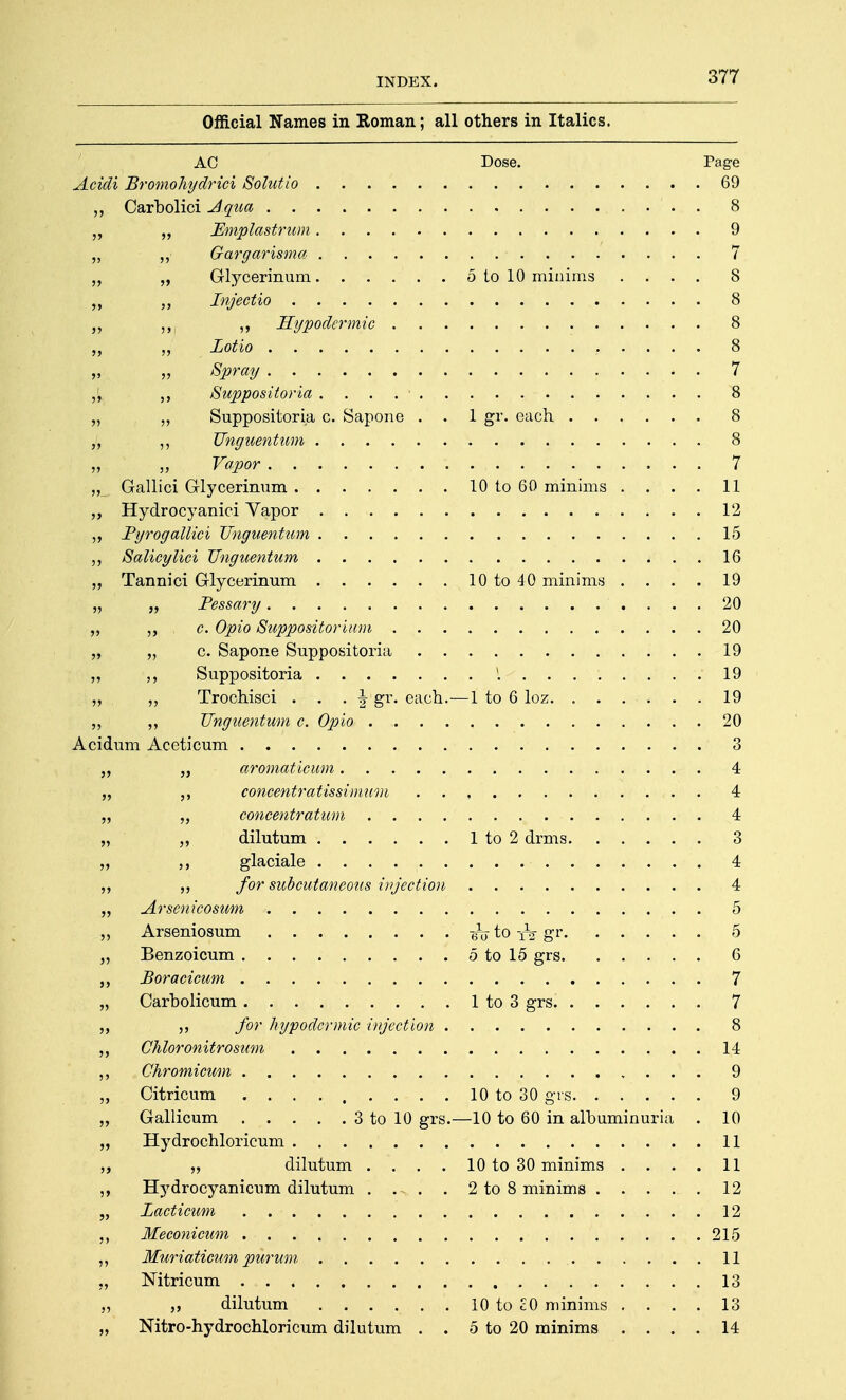 Official Names in Roman; all others in Italics. AC Dose. Page Acidi Bromohydrici Solutio 69 Carbolici Aqua 8 „ „ Emplastrum 9 „ ,, Gargarisma 7 Glycerinum 5 to 10 minims .... 8 „ Injectio 8 „ ,, Hypodermic . . . 8 Lotto 8 „ „ Spray 7 Suppositoria . . . . 8 „ „ Suppositoria c. Sapone . . 1 gr. each 8 „ Unguentum 8 „ „ Vapor 7 „ Gallici Glycerinum 10 to 60 minims .... 11 „ Hydrocyanici Vapor 12 ,, Pyrogallici Unguentum 15 Salicylici Unguentum 16 „ Tannici Glycerinum 10 to 40 minims . . . . 19 „ „ Pessary 20 ,, c. Opio Suppositorium 20 „ „ c. Sapone Suppositoria 19 ,, Suppositoria \ ........ 19 „ Trochisci . . . |- gr. each.—1 to 6 loz 19 „ Unguentum c. Opio 20 Acidum Aceticum 3 „ „ aromaticum 4 „ concentratissimum . . , . . 4 „ „ concentration 4 „ dilutum 1 to 2 drms 3 „ glaciale 4 ,, for subcutaneous injection 4 „ Arsenicosum 5 „ Arseniosum to gr 5 „ Benzoicum 5 to 15 grs 6 Boracicum 7 „ Carbolicum 1 to 3 grs 7 ,, for hypodermic injection 8 Chloronitrosum 14 ,, Chromicum „ . . . 9 „ Citricum ......... 10 to 30 grs 9 „ Gallicum 3 to 10 grs.—10 to 60 in albuminuria . 10 „ Hydrochloricum 11 „ dilutum . . . . 10 to 30 minims .... 11 ,, Hydrocyanicum dilutum 2 to 8 minims ...... 12 „ Lacticum 12 „ Meconicum 215 ,, Muriaticum purum 11 ., Nitricum 13 „ „ dilutum ...... 10 to £0 minims .... 13 „ Nitro-hydrochloricum dilutum . . 5 to 20 minims .... 14