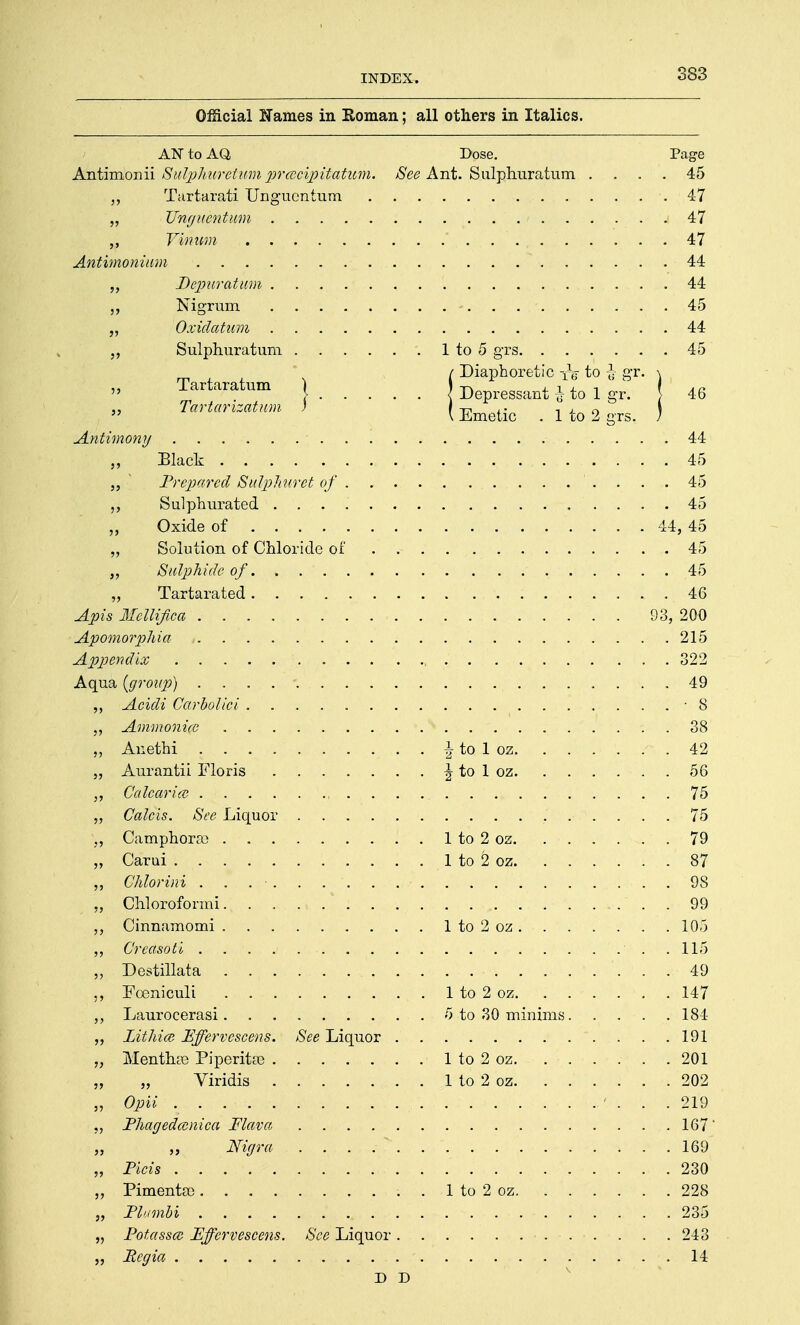 Official Names in Roman; all others in Italics. AN to AQ Dose. Page Jsktimbim Sulphuretumprcecipitatum. See Ant. Sulphuratum .... 45 „ Tartarati Ungucntum 47 „ Ungucntum 47 ,, Vinum . . 47 Antimonium 44 „ Depuratum . . . . 44 Nigrum - 45 „ Oxidatum 44 Sulphuratum '. 1 to 5 grs 45 Tartaratum ) ( DiaPhoretic * to * «*■ ) lartaratum Depressant h to 1 gr. 46 Tartarizatum ) \ ^ .. , , 0 \  \ Emetic . 1 to 2 grs. ; Antimony 44 Black 45 „ % Prepared Sulphuret of 45 Sulphurated 45 „ Oxide of 44, 45 „ Solution of Chloride of 45 „ Sulphide of 45 „ Tartarated .46 Apis llellifica 93, 200 Apomorphia , 215 Appendix , 322 Aqua {group) 49 „ Acidi Carboliei 8 Ammonue 38 „ Anethi ij to 1 oz ' . 42 „ Aurantii Floris \ to 1 oz 56 Ca tearice 75 „ Calcis. See Liquor . 75 „ Camphora? 1 to 2 oz 79 „ Carui 1 to 2 oz 87 ,, Ghlorini 98 „ Chloroformi., . . . : . . . . . .,. . . . . . . 99 „ Cinnamomi 1 to 2 oz 105 „ Creasoti . 115 „ Destillata 49 ,, Foeniculi 1 to 2 oz 147 „ Laurocerasi 5 to 30 minims 184 ,, Lithim Pffervcscens. See Liquor 191 „ Menthre Piperitfe 1 to 2 oz 201 „ „ Viridis ....... X to 2 oz. ... . . . 202 „ Opii ' ... 219 „ Phagedcenica Flava 167' „ „ Nigra . . . 169 „ Picis 230 „ Pimentse . 1 to 2 oz 228 „ Plumbi 235 „ Potasscv Effervescens. See Liquor 243 „ Regia 14 D D