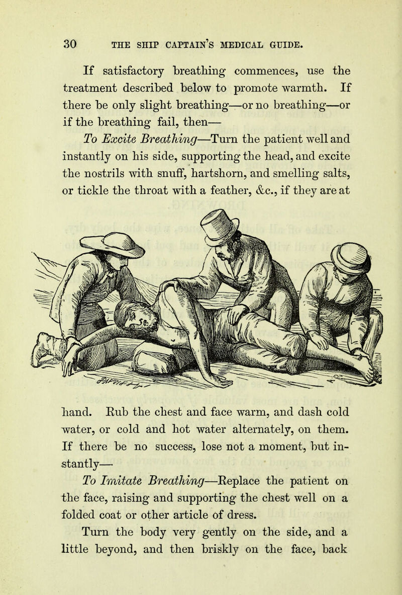 If satisfactory breathing commences, use the treatment described below to promote warmth. If there be only slight breathing—or no breathing—or if the breathing fail, then— To Excite Breathing—Turn the patient well and instantly on his side, supporting the head, and excite the nostrils with snuff, hartshorn, and smelling salts, or tickle the throat with a feather, &c, if they are at hand. Eub the chest and face warm, and dash cold water, or cold and hot water alternately, on them. If there be no success, lose not a moment, but in- stantly— To Imitate Breathing—Eeplace the patient on the face, raising and supporting the chest well on a folded coat or other article of dress. Turn the body very gently on the side, and a little beyond, and then briskly on the face, back
