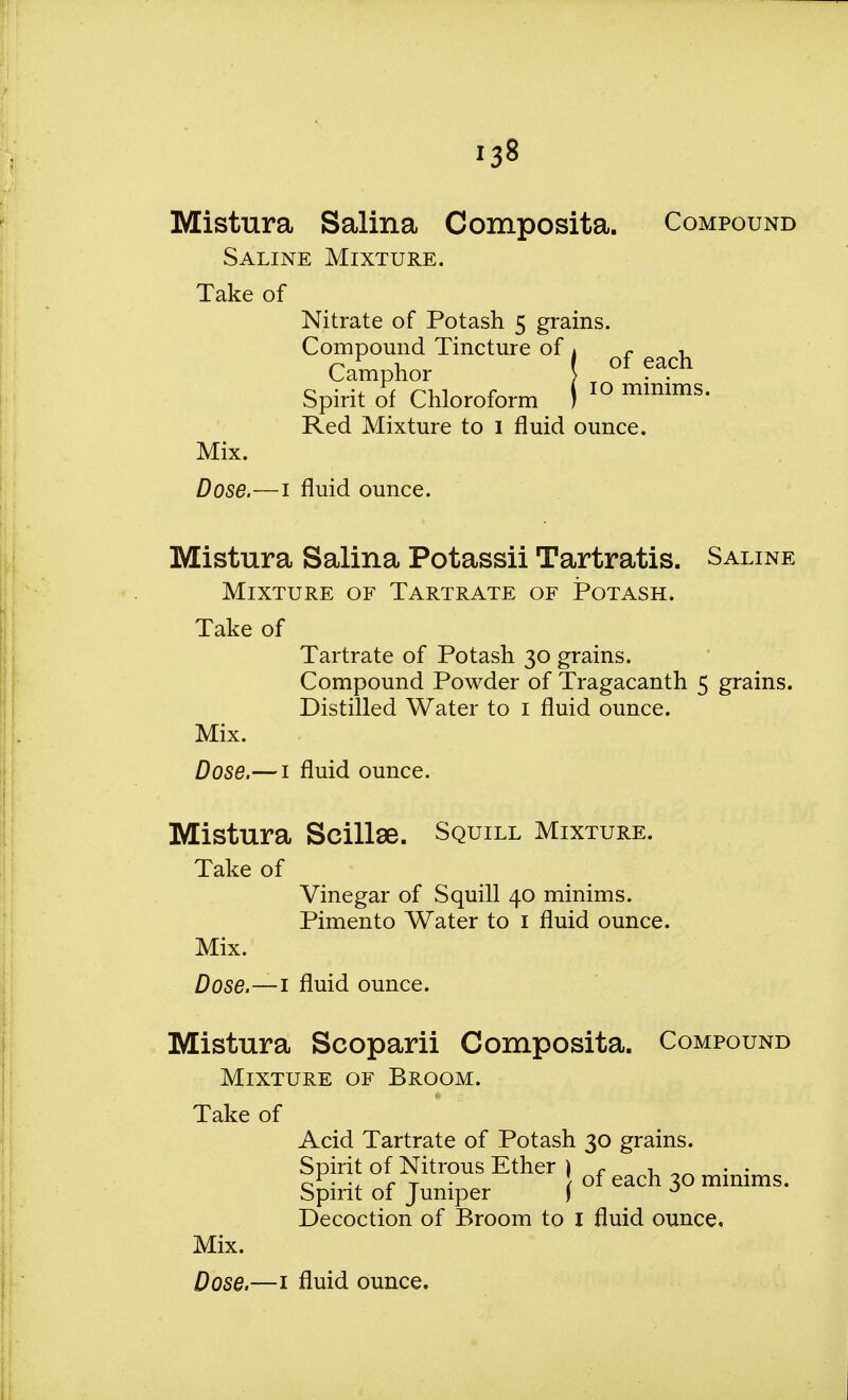 Mistura Salina Composita. Compound Saline Mixture. Take of Nitrate of Potash 5 grains. Compound Tincture of 4 r , Camphor of ?a.ch Spirit of Chloroform ( 10 mlmms Red Mixture to I fluid ounce. Mix. Dose.—1 fluid ounce. Mistura Salina Potassii Tartratis. Saline Mixture of Tartrate of Potash. Take of Tartrate of Potash 30 grains. Compound Powder of Tragacanth 5 grains. Distilled Water to 1 fluid ounce. Mix. Dose.— 1 fluid ounce. Mistura Scillse. Squill Mixture. Take of Vinegar of Squill 40 minims. Pimento Water to 1 fluid ounce. Mix. Dose.—1 fluid ounce. Mistura Scoparii Composita. Compound Mixture of Broom. Take of Acid Tartrate of Potash 30 grains. Spirit of Nitrous Ether ) r v „rt - • :, r T • \ of each 30 minims. Spirit of Jumper ) 0 Decoction of Broom to I fluid ounce. Mix.