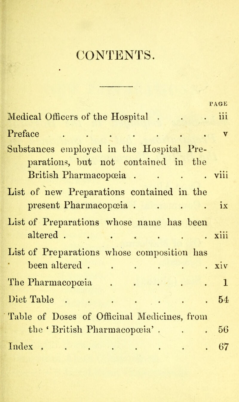 CONTENTS. PAGE Medical Officers of the Hospital . . . iii Preface v Substances employed in the Hospital Pre- parations, but not contained in the British Pharmacopoeia .... viii List of new Preparations contained in the present Pharmacopoeia . . . ix List of Preparations whose name has been altered ....... xiii List of Preparations whose composition has been altered xiv The Pharmacopoeia 1 Diet Table . . . . . . .54 Table of Doses of Officinal Medicines, from the ' British Pharmacopoeia' . . .56 Index 67