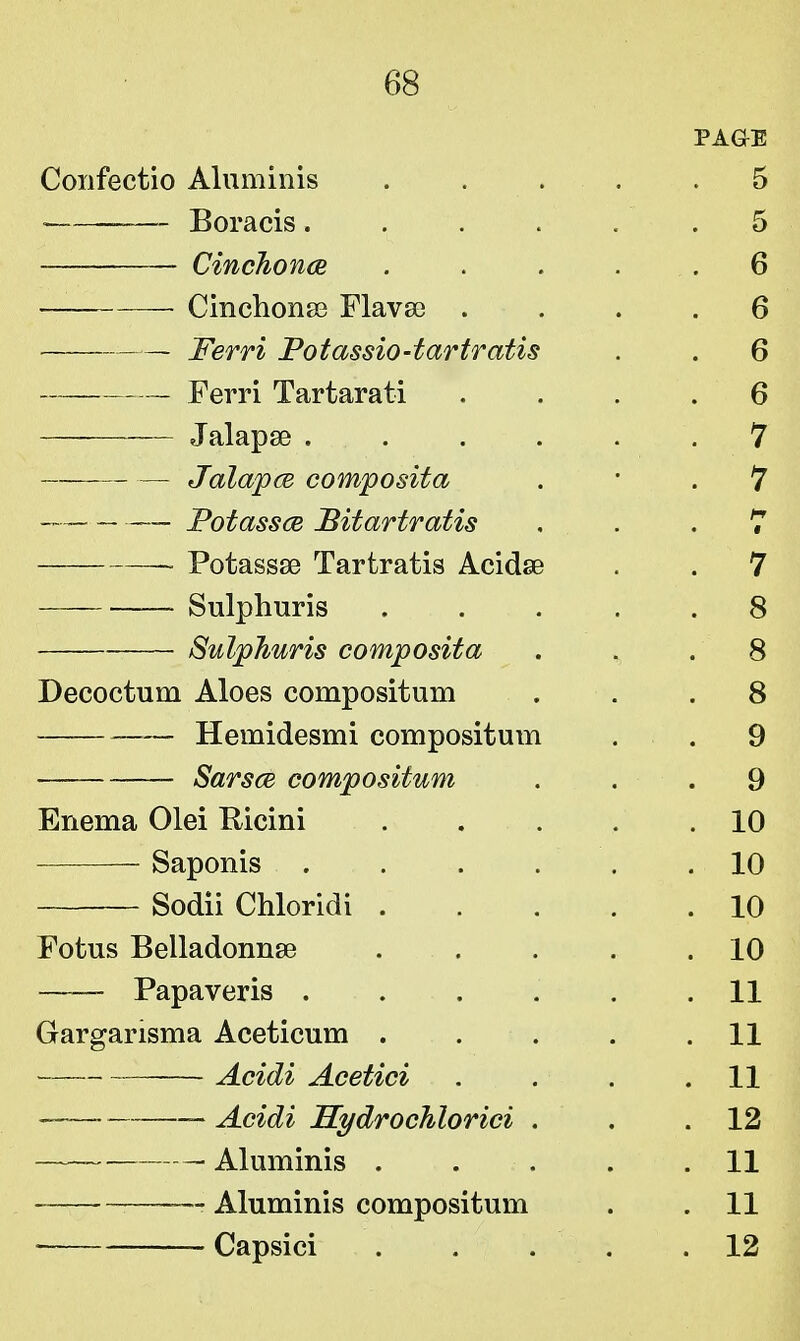 PAGE Confectio Aluminis 5 , Boracis .5 Cinchona ..... 6 ■ Cinchona? Flavse .... 6 . jferri Potassio-tartratis . . 6 Ferri Tartarati .... 6 — Jalapse . . . . 7 Jalapce composita 7 —— Potassce Pitartratis , .7 _ Potassa3 Tartratis Acida3 . . 7 Sulphuris . . . . .8 Sulphuris composita ... 8 Decoctum Aloes compositum ... 8 Hemidesmi compositum . 9 Sarsce compositum . . . 9 Enema Olei Ricini 10 Saponis 10 Sodii Chloridi 10 Fotus Belladonna? . . . .10 Papaveris . . . . . .11 Gargarisma Aceticum . . . . .11 Acidi Acetici . . . .11 Acidi Hydrochlorici . . .12 Aluminis . . . .11 _ Aluminis compositum . .11 Capsici 12