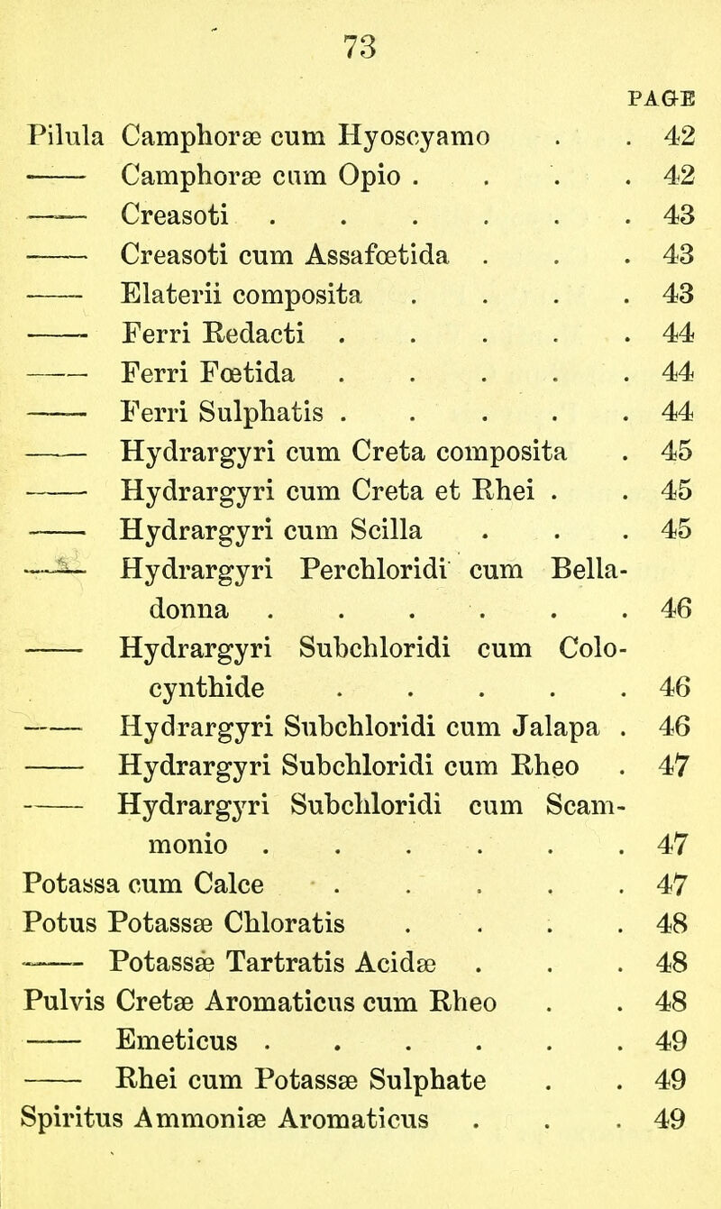 PAGE Pilula Camphorse cum Hyoscyamo . . 42 Camphorse cam Opio . . . .42 —— Creasoti 43 Creasoti cum Assafcetida . . .43 Elaterii composita . . . .43 Ferri Redacti 44 Ferri Fcetida 44 Ferri Sulphatis 44 —— Hydrargyri cum Creta composita . 45 Hydrargyri cum Creta et Rhei . . 45 Hydrargyri cum Scilla . . .45 —ii Hydrargyri Perchloridi cum Bella- donna . . . . .46 Hydrargyri Subchloridi cum Colo- cynthide 46 Hydrargyri Subchloridi cum Jalapa . 46 Hydrargyri Subchloridi cum Rheo . 47 Hydrargyri Subchloridi cum Scam- monio . . . . . .47 Potassa cum Calce 47 Potus Potassse Chloratis . . .48 Potassae Tartratis Acida) . . .48 Pulvis Cretse Aromaticus cum Rheo . . 48 Emeticus . . . . .49 Rhei cum Potassse Sulphate . . 49 Spiritus Ammonise Aromaticus . . .49