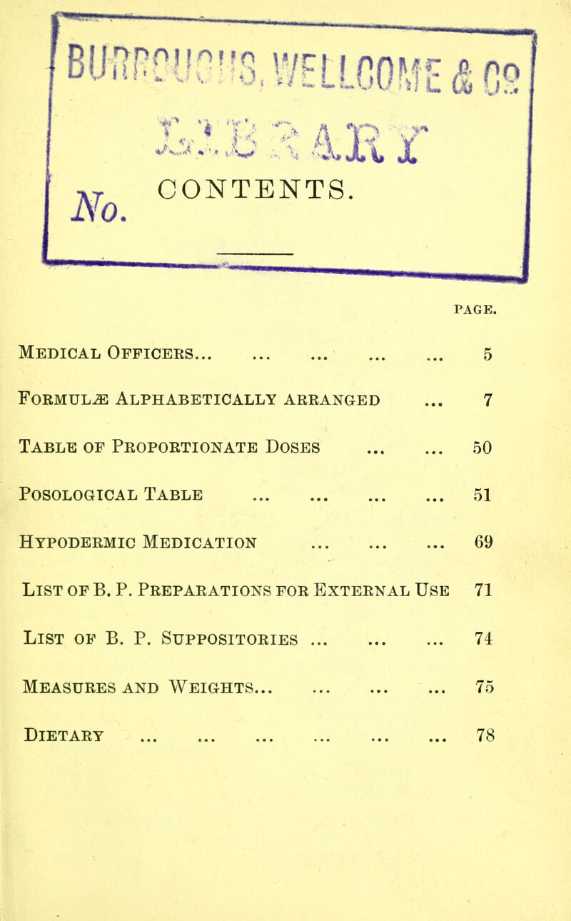 PAGE. Medical Officers 5 Formula Alphabetically arranged ... 7 Table of Proportionate Doses 50 Posological Table 51 Hypodermic Medication 69 List of B. P. Preparations for External Use 71 List of B. P. Suppositories 74 Measures and Weights 75 Dietary 78