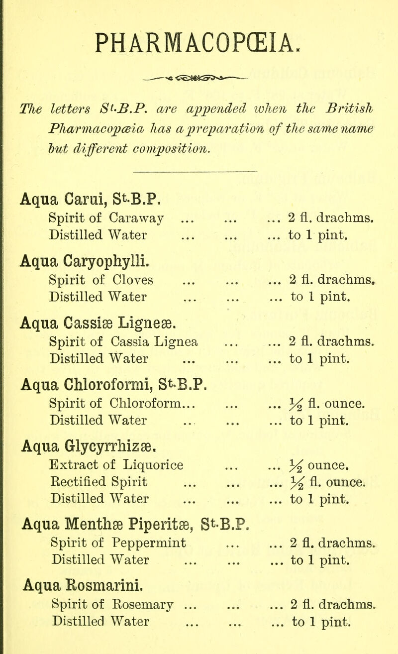 TJie letters St-B.P. are appended when the British Pliarmacopceia has a preparation of the same name hut different composition. Aqua Card, St-B.P. Spirit of Caraway ... 2 fl. drachms. Distilled Water ... to 1 pint. Aqua Caryophylli. Spirit of Cloves ... 2i drachms. Distilled Water to 1 pint. Aqua Cassia Ligneae. Spirit of Cassia Lignea ... ... 2 fl. drachms. Distilled Water ... to 1 pint. Aqua Chloroformi, St-B.P. Spirit of Chloroform... ... ... % A- ounce. Distilled Water ... to 1 pint. Aqua Glycyrrhizse. Extract of Liquorice % ounce. Rectified Spirit ... % n- ounce. Distilled Water ... ... ... to 1 pint. Aqua Menthae Piperita, St-B.P. Spirit of Peppermint 2 fl. drachms. Distilled Water to 1 pint. Aqua Rosmarini. Spirit of Rosemary 2 fl. drachms.