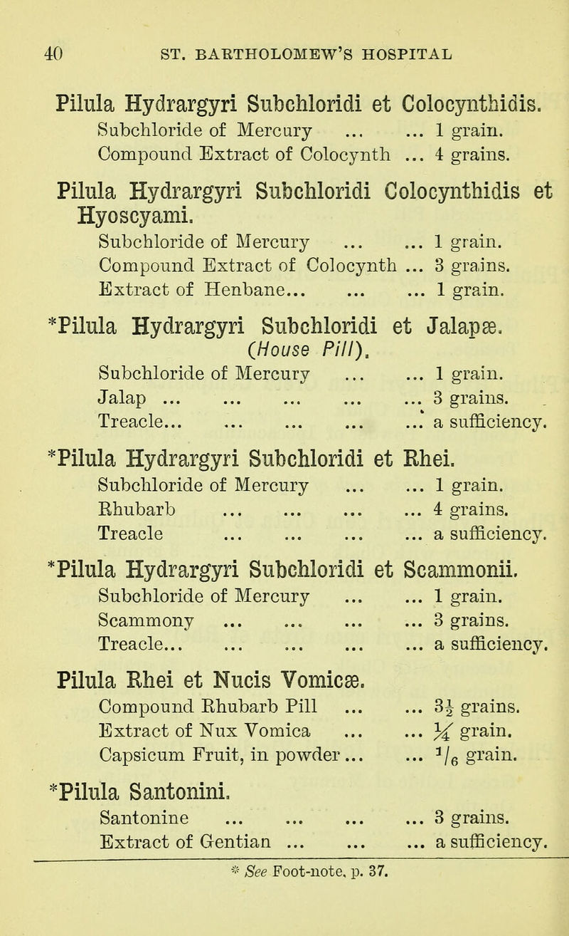 Pilula Hydrargyri Subchloridi et Colocynthidis. Subchloride of Mercury 1 grain. Compound Extract of Colocynth ... 4 grains. Pilula Hydrargyri Subchloridi Colocynthidis et Hyoscyami. Subchloride of Mercury 1 grain. Compound Extract of Colocynth ... 3 grains. Extract of Henbane 1 grain. *Pilula Hydrargyri Subchloridi et Jalapae. (House PHI). Subchloride of Mercury 1 grain. Jalap ... ... ... ... ... 3 grains. Treacle .'a sufficiency. *Pilula Hydrargyri Subchloridi et Rhei. Subchloride of Mercury 1 grain. Ehubarb 4 grains. Treacle a sufficiency. * Pilula Hydrargyri Subchloridi et Scammonii. Subchloride of Mercury 1 grain. Scammony 3 grains. Treacle a sufficiency. Pilula Rhei et Nucis Vomicae. Compound Rhubarb Pill ... ... 3J grains. Extract of Nux Vomica }{ grain. Capsicum Fruit, in powder ]/6 grain. *Pilula Santonini. Santonine 3 grains. Extract of Gentian a sufficiency. * See Foot-note, p. 37.