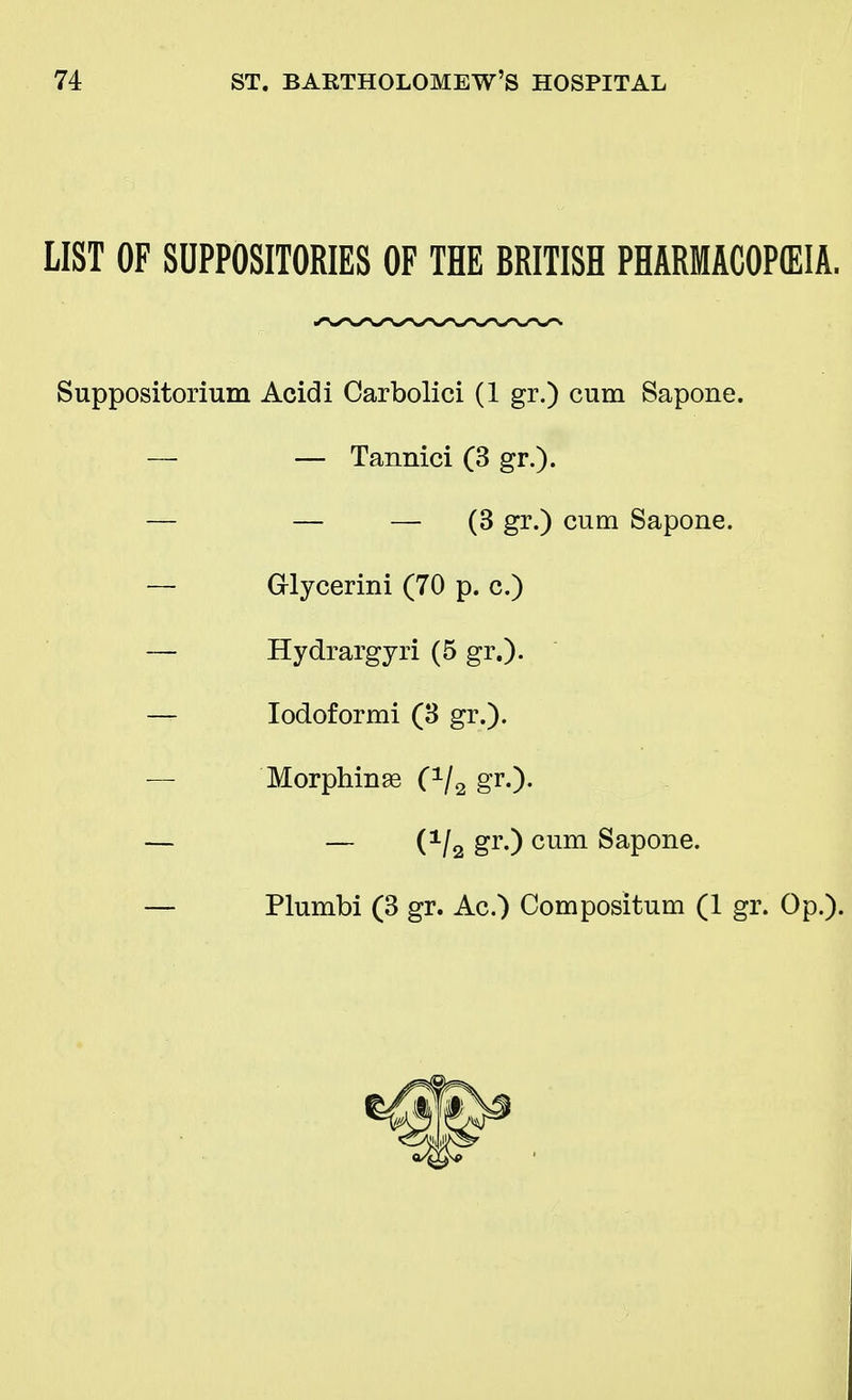 LIST OF SUPPOSITORIES OF THE BRITISH PHARMACOPEIA. Suppositorium Acidi Carbolici (1 gr.) cum Sapone. — — Tannici (3 gr.). — — — (3 gr.) cum Sapone. — G-lycerini (70 p. c.) — Hydrargyri (5 gr.)- — Iodoformi (3 gr.). — Morphinag CV2 Sr0- — — (i/2 gr.) cum Sapone. — Plumbi (3 gr. Ac.) Compositum (1 gr. Op.).