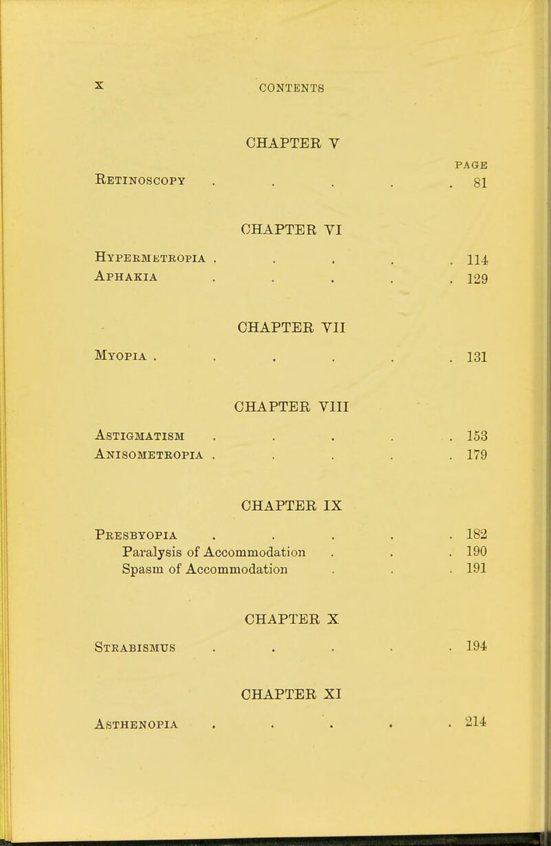 CHAPTER Y PAGE Retinoscopy . . . . .81 CHAPTER VI Hypeemetropia ..... 114 Aphakia . . . . .129 CHAPTER YII Myopia . . . . . .131 CHAPTER VIII Astigmatism ..... 153 Anisometropia . . . . .179 CHAPTER IX Presbyopia ..... 182 Paralysis of Accommodation . . . 190 Spasm of Accommodation . . . 191 CHAPTER X Strabismus ..... 194 CHAPTER XI Asthenopia 214