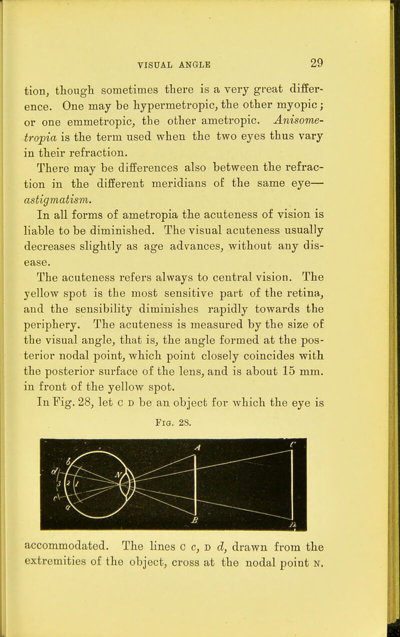 VISUAL ANGLE tion, thougli sometimes there is a very great differ- ence. One may be hypermetropic, the other myopic; or one emmetropic, the other ametropic. Anisome- tropia is the term used when the two eyes thus vary in their refraction. There may be differences also between the refrac- tion in the different meridians of the same eye— astigmatism. In all forms of ametropia the acuteness of vision is liable to be diminished. The visual acuteness usually decreases slightly as age advances, without any dis- ease. The acuteness refers always to central vision. The yellow spot is the most sensitive part of the retina, and the sensibility diminishes rapidly towards the periphery. The acuteness is measured by the size of the visual angle, that is, the angle formed at the pos- terior nodal point, which point closely coincides with the posterior surface of the lens, and is about 15 mm. in front of the yellow spot. In Fig. 28, let c d be an object for which the eye is Fig. 28. accommodated. The lines c c, b d, drawn from the extremities of the object, cross at the nodal point n.
