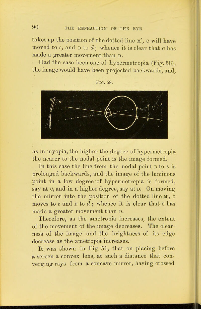 takes up the position of tlie dotted line m', c will have moved to c, and utod; whence it is clear that c has made a greater movement than d. Had the case been one of hypermetropia (Fig. 58), the image would have been projected backwards, and, Fig. 58. as in myopia, the higher tlie degree of hypermetropia the nearer to the nodal point is the image formed. In this case the line from the nodal point b to a is prolonged backwards, and the image of the luminous point in a low degree of hypermetropia is formed, say at c, and in a higher degree, say at d. On moving the mirror into the position of the dotted line m', c moves to c and d to tZ; whence it is clear that c has made a greater movement than D. Therefore, as the ametx'opia increases, the extent of the movement of the image decreases. The clear- ness of the image and the brightness of its edge decrease as the ametropia increases. It was shown in Fig 51, that on placing before a screen a convex lens, at such a distance that con- verging rays from a concave mirror, having crossed