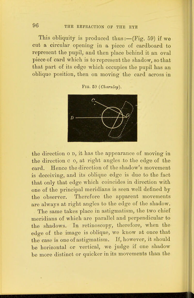 This obliquity is produced thus:—(Fig. 59) if we cut a circular opening in a piece of cardboard to represent the pupil, and then place behind it an oval piece of card which is to represent the shadow, so that that part of its edge which occupies the pupil has an oblique position, then on moving the card across in Fig. 59 {Charnley). the direction o d, it has the appearance of moving in the direction c o, at right angles to the edge of the card. Hence the direction of the shadow's movement is deceiving, and its oblique edge is due to the fact that only that edge which coincides in direction with one of the principal meridians is seen well defined by the observer. Therefore the apparent movements are always at right angles to the edge of the shadow. The same takes place in astigmatism, the two chief meridians of which are parallel and perpendicular to the shadows. In retinoscopy, therefore, when the edge of the image is oblique, we know at once that the case is one of astigmatism. If, however, it should be horizontal or vertical, we judge if one shadow be more distinct or quicker in its movements than the