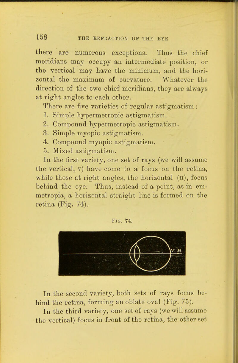 there are numerous exceptions. Thus the chief meridians may occupy an intermediate position, or the vertical may have the minimum, and the hori- zontal the maximum of curvature. Whatever the direction of the two chief meridians, they are always at right angles to each other. There are five varieties of regular astigmatism: 1. Simple hypermetropic astigmatism. 2. Compound hypermetropic astigmatism. 3. Simple myopic astigmatism. 4. Compound myopic astigmatism. 5. Mixed astigmatism. In the first variety, one set of rays (we will assume the vertical, v) have come to a focus on the retina, while those at right angles, the horizontal (h), focus behind the eye. Thus, instead of a point, as in em- metropia, a horizontal straight line is formed on the retina (Fig. 74). Fig. 74. In the second variety, both sets of rays focus be- hind the retina, forming an oblate oval (Fig. 75). In the third variety, one set of rays (we will assume the vertical) focus in front of the retina, the other set