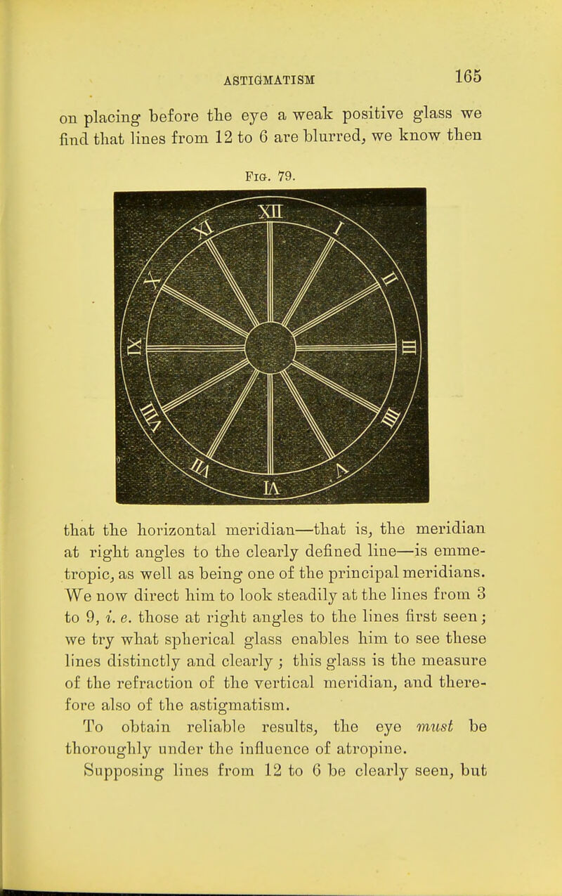 on placing before tlie eye a weak positive glass we find that lines from 12 to 6 are blurred, we know tlien Fig. 79. that the horizontal meridian—that is, the meridian at right angles to the clearly defined line—is emme- tropic, as well as being one of the principal meridians. We now direct him to look steadily at the lines from 3 to 9, i. e. those at right angles to the lines first seen; we try what spherical glass enables him to see these lines distinctly and clearly; this glass is the measure of the refraction of the vertical meridian, and there- fore also of the astigmatism. To obtain reliable results, the eye miLst be thoroughly under the influence of atropine. Supposing lines from 12 to 6 be clearly seen, but