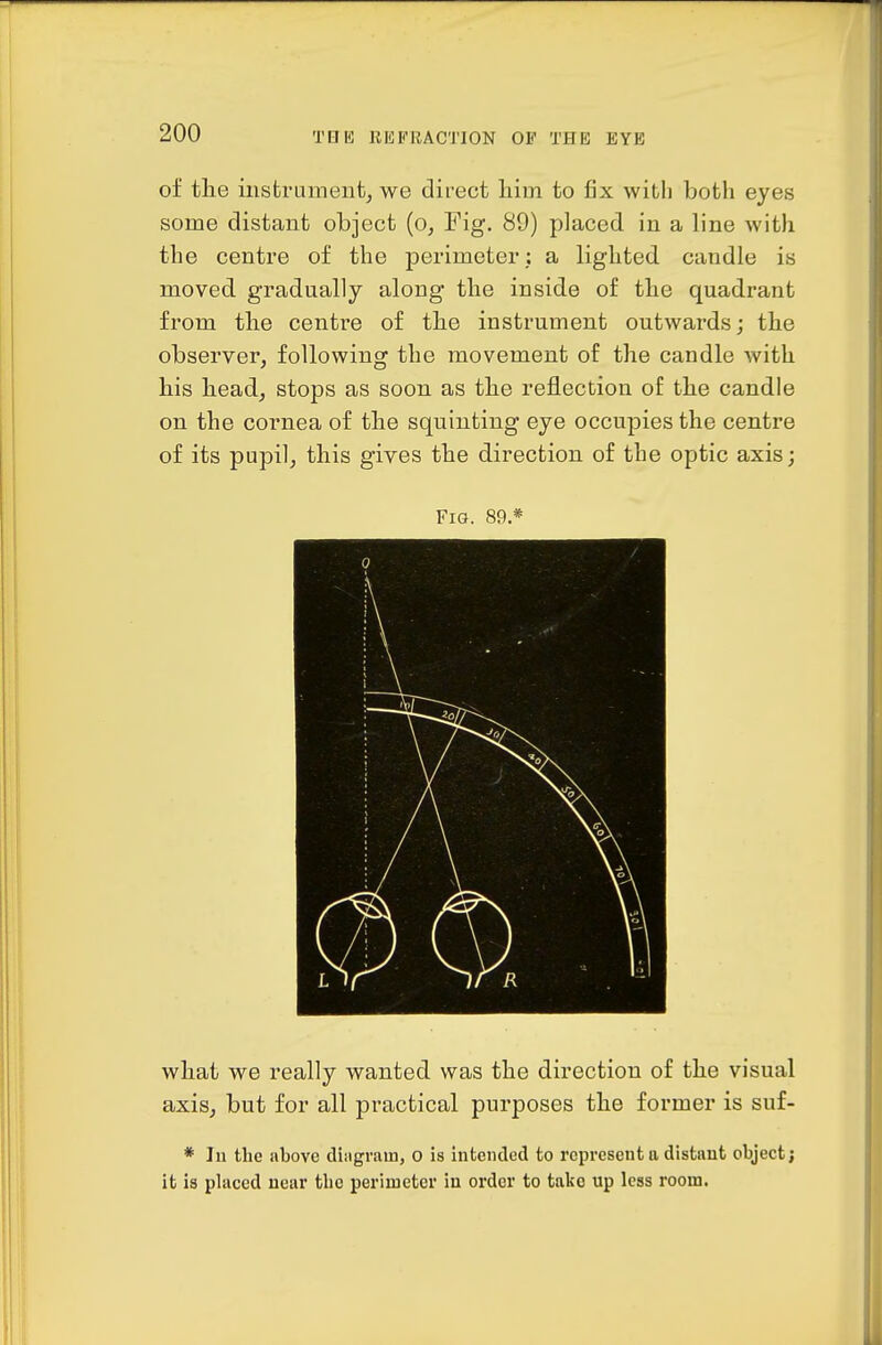 of the insfci'umentj we direct liim to fix with both eyes some distant object (o, Fig. 89) placed in a line with the centre of the perimeter; a lighted candle is moved gradually along the inside of the quadrant from the centre of the instrument outwards; the observer, following the movement of the candle with his head, stops as soon as the reflection of the candle on the cornea of the squinting eye occupies the centre of its pupil, this gives the direction of the optic axis; Fig. 89 * what we really wanted was the direction of the visual axis, but for all practical purposes the former is suf- * In the above diiigrain, 0 is intended to represent a distant object; it is placed near the perimeter in order to take up less room.