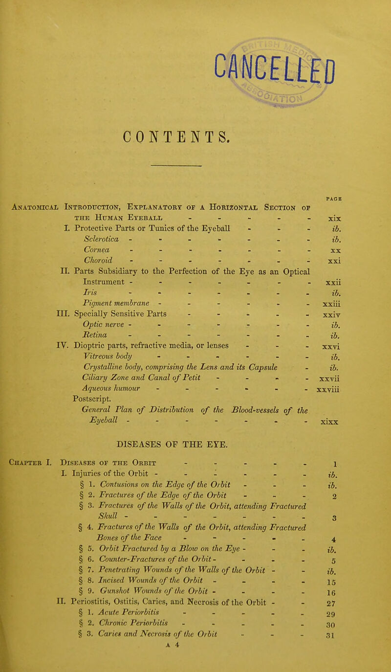 CANCEUp CONTENTS. PAGE Anatojucal Introduction, Explanatobt of a Horizontajl Section of THE Human Eyebai/L . . - _ _ xix I. Protective Parts or Tunics of the Eyeball ... ib. Sclerotica ------- ib. Cornea xx Choroid ------- xxi II. Parts Subsidiary to the Perfection of the Eye as an Optical Instrument - - - - xxii Iris iJj, Pigment membrane - xxiii III. Specially Sensitive Parts - . . . _ xxiv Optic nerve ------- ib. Retina ------- ib, IV. Dioptric parts, refractive media, or lenses ... xxvi Vitreous body jj^ Crystalline body, comprising the Lens and its Capsule - ib. Ciliary Zone and Canal of Petit - . ■ . xxvii Aqueous humour ---«-- xxviii Postscript. General Plan of Distribution of the Blood-vessels of the Eyeball xixx DISEASES OF THE EYE. Chapter I. Diseases of the Orbit - - - - . j I. Injuries of the Orbit - - - - - . t6. § 1. Contusions on the Edge of the Orbit ... ib, § 2. Fractures of the Edge of the Orbit - ~ - 2 § 3. Fractures of the Walls of the Orbit, attending Fractured Skull 3 § 4. Fractures of the Walls of the Orbit, attending Fractured Bones of the Face . - - - . 4 § 5. Orbit Fractured by a Blow on the Eye - - - ib. § 6. Counter-Fractures of the Orbit - - . - 5 § 7. Penetrating Wounds of the Walls of the Orbit - - ib. § 8. Incised Wounds of the Orbit - - - - 15 § 9. Gunshot Wounds of the Orbit - - . - 16 II. Periostitis, Ostitis, Caries, and Necrosis of the Orbit - - 27 § 1. Acute Periorbitis - - - - - 29 § 2. Chronic Periorbitis - - - - - 30 § 3. Caries and Necrosis of the Orbit - - - 31 A 4