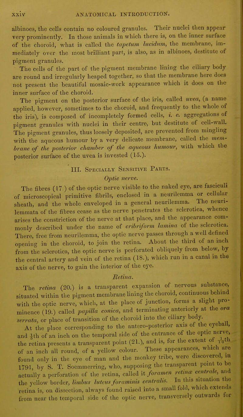 albinoes, tlie cells contain no coloured granules. Their nuclei then appear very prominently. In those animals in which there is, on the inner surface of the choroid, what is called the tapetum lucidum, the membrane, im- mediately over the most brilliant part, is also, as in albinoes, destitute of pigment granules. The cells of tlie part of the pigment membrane lining the ciliary body are round and irregularly heaped together, so that the membrane here does not present the beautiful mosaic-work appearance which it does on the inner surface of the choroid. The pigment on the posterior surface of the iris, called uvea, (a name applied, however, sometimes to the choroid, and frequently to the whole of the iris), is composed of incompletely formed cells, i. e. aggregations of pigment granules with nuclei in their centre, but destitute of cell-wall. The pigment granules, thus loosely deposited, are prevented from mingling with the aqueous humour by a very delicate membrane, called the mem- brane of the posterior chamber of the aqueous humour, with which the posterior surface of the uvea is invested (15.). III. Specially Sensitive Parts, Optic nerve. The fibres (17 ) of the optic nerve visible to the naked eye, are fasciculi of microscopical primitive fibrils, enclosed in a neurilemma or cellular sheath, and the whole enveloped in a general neurilemma. The neuri- lemmata of the fibres cease as the nerve penetrates the sclerotica, whence arises the constriction of the nerve at that place, and the appearance com- monly described under the name of cribriform lamina of the sclerotica. There, free from neurilemma, the optic nerve passes through a well defined opening in the choroid, to join the retina. About the third of an inch from the sclerotica, the optic nerve is perforated obliquely from below, by the central artery and vein of the retina (18.), which run in a canal in the axis of the nerve, to gain the interior of the eye. Retina. The retina (20.) is a transparent expansion of nervous substance, situated within the pigment membrane lining the choroid, continuous behind with the optic nerve, which, at the place of junction, forms a slight pro- minence (19.) called papilla conica, and terminating anteriorly at the ora serrata, or place of transition of the choroid into the ciliary body. At the place corresponding to the antero-posterior axis of the eyeball, and ith of an inch on the temporal side of the entrance of the optic nerve, the retina presents a transparent point (21.), and is, for the extent 01^x7^1^ of an inch all round, of a yellow colour. These appearances, which are found only in the eye of man and the monkey tribe, were discovered, in 1791, hy S. T. Soemraerring, who, supposing the transparent point to be actually a perforation of the retina, called \t foramen retince centrale, and the yellow border, limbus lutcus foraminis centralis. In this situation the retina is, on dissection, always found raised into a small fold, which extends from near the temporal side of the optic nerve, transversely outwards for