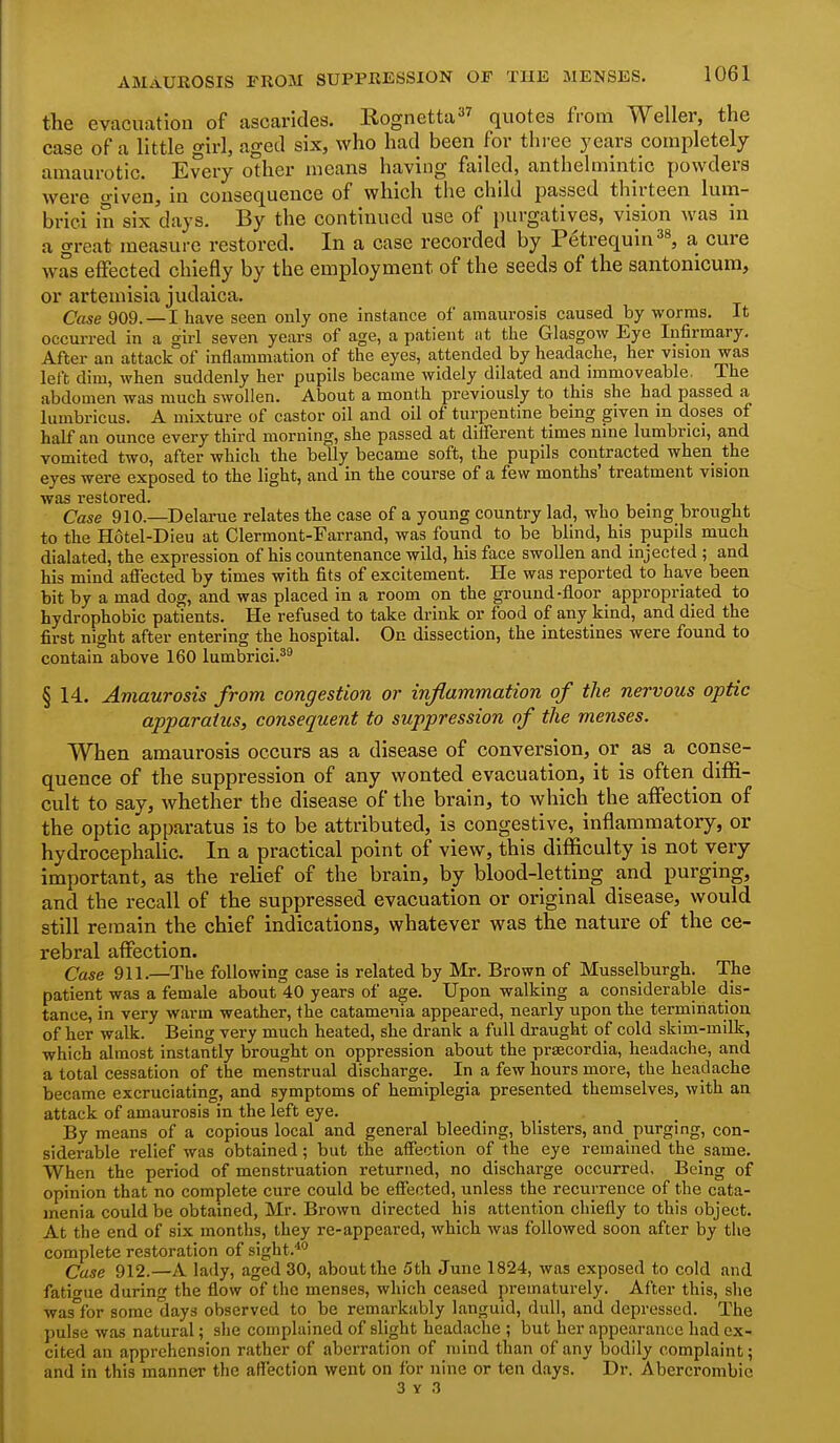 AMAUKOSIS TROM SUPPRESSION OF THE MENSES. the evacuation of ascarides. Eognetta quotes from Weller, the case of a little girl, agetl six, who had been for thi-ee years completely amaurotic. Every other means having foiled, anthelmintic powders were given, in consequence of which the child passed thirteen lum- brici in six days. By the continued use of i)urgatives, vision was in a great measure restored. In a case recorded by Petrequin^^, a cure was effected chiefly by the employment of the seeds of the santonicum, or artemisia judaica. Case 909. —I have seen only one instance of amaurosis caused by worms. It occurred in a girl seven years of age, a patient at the Glasgow Eye Infirmary. After an attack of inflammation of the eyes, attended by headache, her vision was left dim, when suddenly her pupils became widely dilated and immoveable. The abdomen was much swollen. About a month previously to this she had passed a lumbricus. A mixture of castor oil and oil of turpentine being given ra doses of half an ounce every third morning, she passed at different times nine lumbrici, and vomited two, after which the belly_ became soft, the pupils contracted when the eyes were exposed to the light, and in the course of a few months' treatment vision was restored. • i_ i Case 910.—^Delarue relates the case of a young country lad, who being brought to the Hotel-Dieu at Clermont-Farrand, was found to be blind, his pupils much dialated, the expression of his countenance wild, his face swollen and injected ; and his mind affected by times with fits of excitement. He was reported to have been bit by a mad dog, and was placed in a room on the ground-floor appropriated to hydrophobic patients. He refused to take drink or food of any kind, and died the first night after entering the hospital. On dissection, the intestines were found to contain above 160 lumbrici.^^ § 14. Amaurosis from congestion or inflammation of the nervous optic apparatus, consequent to suppression of the menses. When amaurosis occurs as a disease of conversion, or^ as a conse- quence of the suppression of any wonted evacuation, it is often difli- cult to say, whether the disease of the brain, to which the affection of the optic apparatus is to be attributed, is congestive, inflammatory, or hydrocephalic. In a practical point of view, this diflSiculty is not very- important, as the relief of the brain, by blood-letting and purging, and the recall of the suppressed evacuation or original disease, would still remain the chief indications, whatever was the nature of the ce- rebral affection. Case 911.—The following case is related by Mr. Brown of Musselburgh. The patient was a female about 40 years of age. Upon walking a considerable dis- tance, in very warm weather, the catamenia appeared, nearly upon the termination of her walk. Being very much heated, she drank a full draught of cold skim-milk, which almost instantly brought on oppression about the praecordia, headache, and a total cessation of the menstrual discharge. In a few hours more, the headache became excruciating, and symptoms of hemiplegia presented themselves, with an attack of amaurosis in the left eye. By means of a copious local and general bleeding, blisters, and purging, con- siderable relief was obtained; but the affection of the eye remained the same. When the period of menstruation returned, no discharge occurred. Being of opinion that no complete cure could be effected, unless the recurrence of the cata- menia could be obtained, Mr. Brown directed his attention chiefly to this object. At the end of six months, they re-appeared, which was followed soon after by the complete restoration of sight.*'' Case 912.—A lady, aged 30, about the 5th June 1824, was exposed to cold and fatigue during the flow of the menses, which ceased prematurely. After this, she was°for some days observed to be remarkably languid, dull, and depressed. The pulse was natural; she complained of slight headache ; but her appearance had ex- cited an apprehension rather of aberration of mind than of any bodily complaint; and in this manner the affection went on for nine or ten days. Dr. Abercrombic