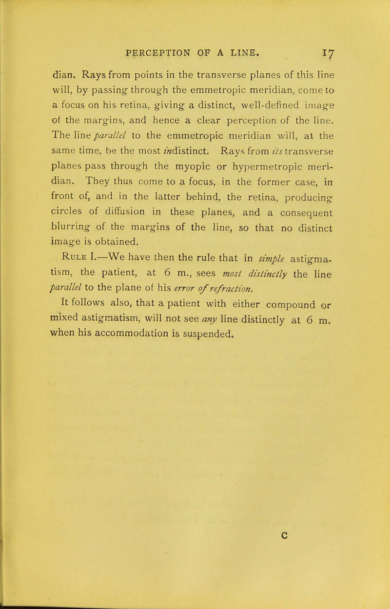 dian. Rays from points in the transverse planes of this line will, by passing through the emmetropic meridian, come to a focus on his retina, giving- a distinct, well-defined image of the margins, and hence a clear perception of the line. The line parallel to the emmetropic meridian will, at the same time, be the most zwdistinct. Rays from its transverse planes pass through the myopic or hypermetropic meri- dian. They thus come to a focus, in the former case, in front of, and in the latter behind, the retina, producing circles of diffusion in these planes, and a consequent blurring of the margins of the line, so that no distinct image is obtained. Rule I.—We have then the rule that in simple astigma- tism, the patient, at 6 m., sees mosi distinctly the line parallel to the plane of his error of refraction. It follows also, that a patient with either compound or mixed astigmatism, will not see any line distinctly at 6 m. when his accommodation is suspended.