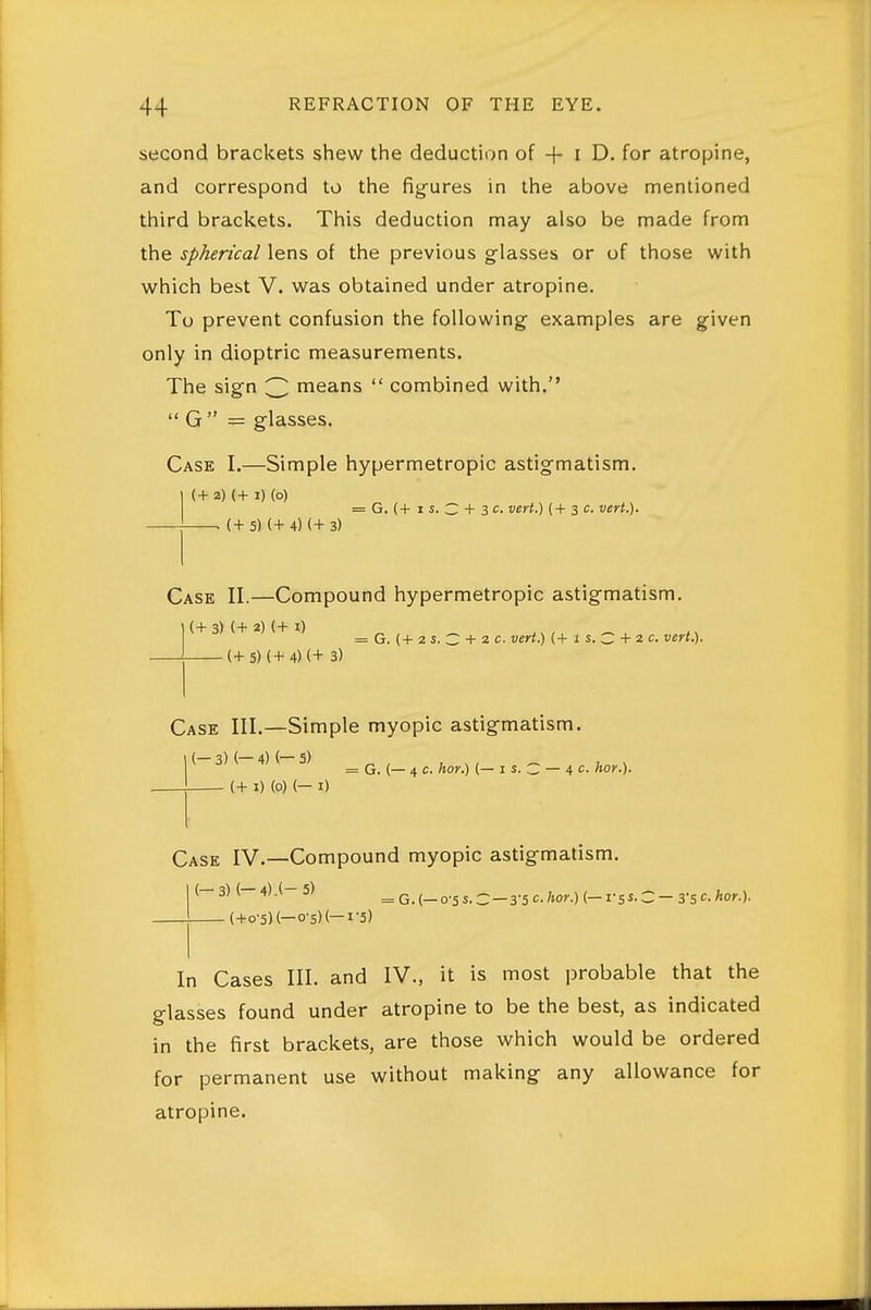 second brackets shew the deduction of + i D. for atropine, and correspond to the figures in the above mentioned third brackets. This deduction may also be made from the spherical lens of the previous glasses or of those with which best V. was obtained under atropine. To prevent confusion the following examples are given only in dioptric measurements. The sign 3 means  combined with.  G  = glasses. Case I.—Simple hypermetropic astigmatism. 1 (+ 2) (+ I) (O) I = G. (+ I s. C + 3 c- vert.) ( + 3 c. vert.). — (+5) (+4)(+ 3) Case 11.—Compound hypermetropic astigmatism. 1 (+ 3) (+ 2) (+ I) I = G. (+ 2 s. C + 2 c. vert.) (+ i s. C + 2 c. vert.). — (+5)(+4)(+ 3) Case III.—Simple myopic astigmatism. (- 3) (- 4) (- 5) ^ , ^ ,, _ , , = G. (— 4 c. hor.) (— I s. C — 4 c- nor.). — (+ I) (0) (- I) Case IV.—Compound myopic astigmatism. (-3) (-4).(- 5) =G.{-o-5s.C:-3-5c./to>'.)(-rss-C-3'SC./toy.). — (+o'5)(—o-s)(—1-5) In Cases III. and IV., it is most probable that the glasses found under atropine to be the best, as indicated in the first brackets, are those which would be ordered for permanent use without making any allowance for atropine.