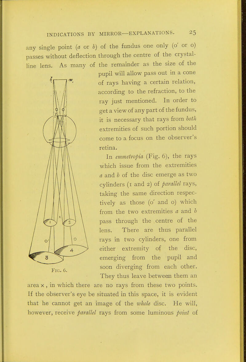 any single point {a or b) of the fundus one only (o' or o) passes without deflection through the centre of the crystal- line lens. As many of the remainder as the size of the pupil will allow pass out in a cone of rays having a certain relation, according to the refraction, to the ray just mentioned. In order to get a view of any part of the fundus, it is necessary that rays from both extremities of such portion should come to a focus on the observer's retina. In emmetropia (Fig. 6), the rays which issue from the extremities a and h of the disc emerge as two cylinders (i and 2) oi parallel rays, taking the same direction respec- tively as those (o' and o) which from the two extremities a and b pass through the centre of the lens. There are thus parallel rays in two cylinders, one from either extremity of the disc, emerging from the pupil and soon diverging from each other. They thus leave between them an area x , in which there are no rays from these two points. If the observer's eye be situated in this space, it is evident that he cannot get an image of the whole disc. He will, however, receive parallel rays from some luminous point of