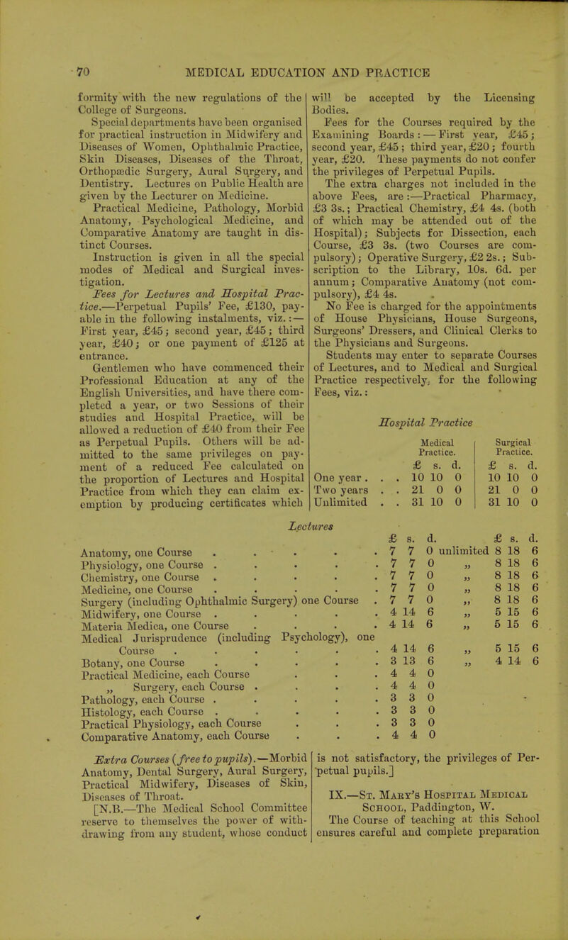 formity with the new regulations of the College of Surgeons. Special departments have heen organised for practical instruction in Midwifery and Diseases of Women, Ophthalmic Practice, Skin Diseases, Diseases of the Throat, Orthopaedic Surgery, Aural Surgery, and Dentistry. Lectures on Public Health are given by the Lecturer on Medicine. Practical Medicine, Pathology, Morbid Anatomy, Psychological Medicine, and Comparative Anatomy are taught in dis- tinct Courses. Instruction is given in all the special modes of Medical and Surgical inves- tigation. Fees for Lectures and Hospital Prac- tice.—Perpetual Pupils' Fee, £130, pay- able in the following instalments, viz.: — First year, £45; second year, £45; third year, £40; or one payment of £125 at entrance. Gentlemen who have commenced their Professional Education at any of the English Universities, and have there com- pleted a year, or two Sessions of their studies aud Hospital Practice, will be allowed a reduction of £40 from their Fee as Perpetual Pupils. Others will be ad- mitted to the same privileges on pay- ment of a reduced Fee calculated on the proportion of Lectures and Hospital Practice from which they can claim ex- emption by producing certificates which wiU be accepted by the Licensing Bodies. Fees for the Courses required by the Examining Boards : — First year, £45; second year, £45 ; third year, £20; fourth year, £20. These payments do not confer the privileges of Perpetual Pupils. The extra charges not included in the above Fees, are :—Practical Pharmacy, £3 3s.; Practical Chemistry, £4 4s. (both of which may be attended out of the Hospital); Subjects for Dissection, each Course, £3 3s. (two Courses are com- pulsory) ; Operative Surgery, £2 2s.; Sub- scription to the Library, 10s. 6d. per annum; Comparative Anatomy (not com- pulsory), £4 4s. No Fee is charged for the appointments of House Physicians, House Surgeons, Surgeons' Dressers, and Clinical Clerks to the Physicians and Surgeons. Students may enter to separate Courses of Lectures, and to Medical and Surgical Practice respectively; for the following Fees, viz.: Hospital Practice One year . Two years Unlimited Medical Practice. £ s. d. 10 10 0 21 0 0 31 10 0 Surgical Practice. £ s. d. 10 10 0 21 0 0 31 10 0 Lectures Anatomy, one Course . . Physiology, one Course . Chemistry, one Course . Medicine, one Course . Surgery (including Ophthalmic Surgery) one Course . Midwifery, one Course . Materia Medica, one Course . . . . Medical Jurisprudence (including Psychology), one Course ...... Botany, one Course . Practical Medicine, each Course „ Surgery, each Course . Pathology, each Course . Histology, each Course . Practical Physiology, each Course Comparative Anatomy, each Course £ s. d. £ s. d. 7 7 0 unlimited 8 18 6 7 7 0 8 18 6 7 7 0 » 8 18 6 7 7 0 8 18 6 7 7 0 8 18 6 4 14 6 „ 5 15 6 4 14 6 M 5 15 6 4 14 6 5 15 6 3 13 6 4 14 6 4 4 0 4 4 0 3 3 0 3 3 0 3 3 0 4 4 0 Extra Courses {free to pupils).—Morbid Anatomy, Dental Surgery, Aural Surgery, Practical Midwifery, Diseases of Skin, Diseases of Throat. [N.B.—The Medical School Committee reserve to themselves the power of with- drawing from any student, whose conduct is not satisfactory, the privileges of Per- 'petual pupils.] IX.—St. Maby's Hospital Medical School, Paddington, W. The Course of teaching at this School ensures careful and complete preparation