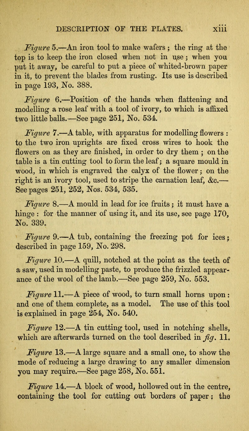 Figure 5.—An iron tool to make wafers ; the ring at the top is to keep the iron closed when not in n,se; when you put it away, be careful to put a piece of whited-brown paper in it, to prevent the blades from rusting. Its use is described in page 193, No. 388. Figure 6,—Position of the hands when flattening and modelling a rose leaf with a tool of ivory, to which is affixed two little balls.—See page 251, No. 534. Figure 7.—A table, with apparatus for modelling flowers : to the two iron uprights are fixed cross wires to hook the flowers on as they are finished, in order to dry them ; on the table is a tin cutting tool to form the leaf; a square mould in wood, in which is engraved the calyx of the flower; on the right is an ivory tool, used to stripe the carnation leaf, &c.— Seepages 251, 252, Nos. 534, 535. Figure 8.—A mould in lead for ice fruits; it must have a hinge : for the manner of using it, and its use, see page 170, No. 339. Figure 9.—A tub, containing the freezing pot for ices; described in page 159, No. 298. Figure 10.—A quill, notched at the point as the teeth of a saw, used in modelling paste, to produce the frizzled appear- ance of the wool of the lamb.—See page 259, No. 553. Figure 11.—A piece of wood, to turn small horns upon : and one of them complete, as a model. The use of this tool is explained in page 254, No. 540. Figure 12.—A tin cutting tool, used in notching shells, which are afterwards turned on the tool described in fig. 11. Figure 13.—A large square and a small one, to show the mode of reducing a large drawing to any smaller dimension you may require.—See page 258, No. 551. Figure 14.—A block of wood, hollowed out in the centre, containing the tool for cutting out borders of paper; the