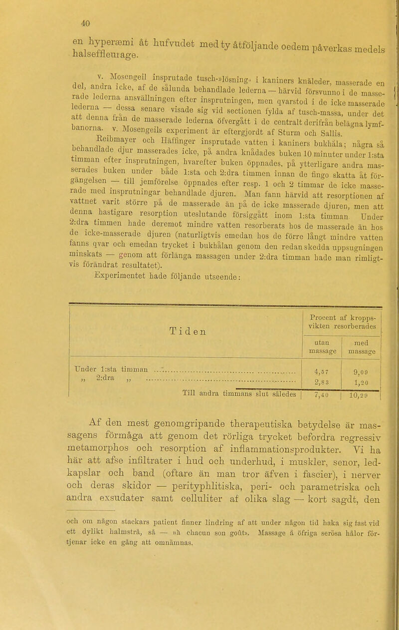 hLtfWgi^^ åtföljande oedem påverkas medels v Mosengeil insprutade tusch-.]ösniiig. i kaniners knäleder, masserade en del an ra .eke, af de sålunda behandlade lederna - härvid försvunna e mLe. letll ] ^^^ insprutningen, n.en qvarstod i de ickemasrade lederna - dessa senare visade sig vid sectionen fylda af tusch-massa, under det att denna Iran de masserade lederna öfvergått i de centralt därifrån belägna Ivmf- Danorna. v. Mosengeils experiment är eftergjordt af Sturm och Sallis Keibmayer och Häffinger insprutade vatten i kaniners bukhåla; några så behandlade djur masserades icke, på andra knådades buken 10 minuter under l:sta timman efter insprutningen, hvarcfter buken öppnades, på ytterligare andra mas- serades buken under både l:sta och 2:dra timmen innan de fingo skatta åt för- gängelsen - till jemförelse öppnades efter resp. 1 och 2 timmar de icke masse- rade med insprutningar behandlade djuren. Man fann härvid att resorptionen af vattnet vant större på de masserade än på de icke masserade diuren, men att denna hastigare resorption uteslutande försiggått inom l:sta timman Under 2:dra timmen hade deremot mindre vatten resorberats hos de masserade än hos de icke-masserade djuren (naturligtvis emedan hos de förre långt mindre vatten fanns qvar och emedan trycket i bukhålan genom den redan skedda uppsugningen minskats — genom att förlänga massagen under 2:dra timman hade man rimli-^t- vis förändrat resultatet). ° Experimentet hade följande utseende: Tiden Procent af kropps- j vikten resorberaues utan med massage massage 4,5 7 2,83 9,09 1,20 I Till andra timmans slut således 7,40 10,2 0 [ Af den mest genomgripande therapeutiska betydelse är mas- sagens förmåga att genom det rörliga trycket befordra regressiv metamorphos ocb resorption af inflammationsprodukter. Vi lia här att afse infiltrater i bud och underhud, i muskler, seuor, led- kapslar och band (oftare än man tror äfven i fascier), i nerver och deras skidor —- perityphlitiska, peri- och parametriska och andra exsudater samt celluliter af olika slag — kort sagdt, den och om nägon stackars patient finner lindring af att under nftgon tid haka sig fast vid ett dylikt lialmstrå, sä — »ä chacun son goAt». Massage d öfriga serösa hålor för- tjenar icke en gäng att omnämnas.