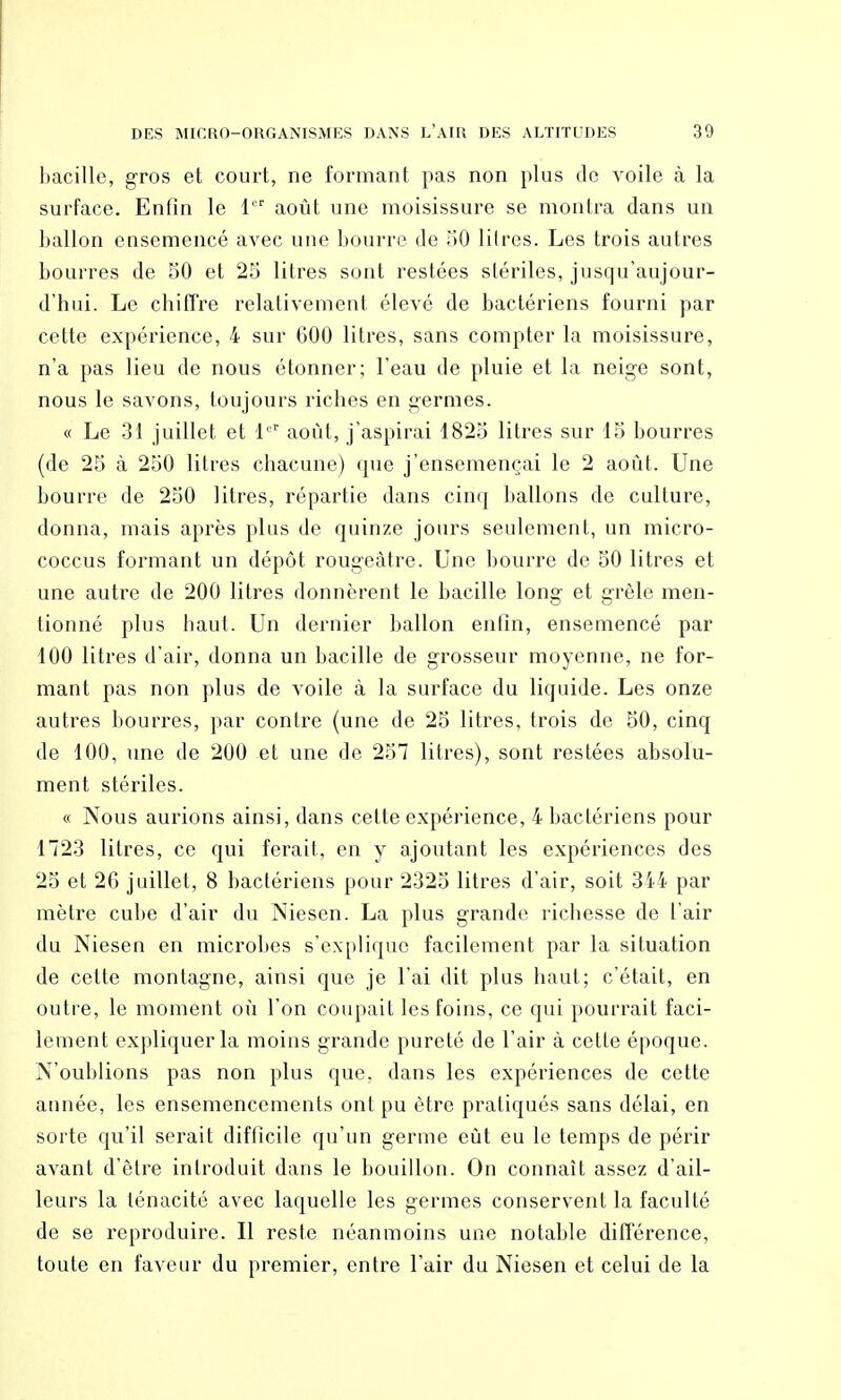 bacille, gros et court, ne formant pas non plus de voile à la surface. Enfin le l'' août une moisissure se montra dans un ballon ensemencé avec une bourre de oO lilres. Les trois autres bourres de 50 et 25 litres sont restées stériles, jusqu'aujour- d'hui. Le chiffre relativement élevé de bactériens fourni par cette expérience, 4 sur 600 litres, sans compter la moisissure, n'a pas lieu de nous étonner; l'eau de pluie et la neige sont, nous le savons, toujours riches en germes. « Le 31 juillet et 1'=' août, j'aspirai 1825 litres sur 15 bourres (de 25 à 250 litres chacune) que j'ensemençai le 2 août. Une bourre de 250 litres, répartie dans cinq ballons de culture, donna, mais après plus de quinze jours seulement, un micro- coccus formant un dépôt rougeâtre. Une bourre de 50 litres et une autre de 200 litres donnèrent le bacille long et grêle men- tionné plus haut. Un dernier ballon enfin, ensemencé par 100 litres d'air, donna un bacille de grosseur moyenne, ne for- mant pas non plus de voile à la surface du liquide. Les onze autres bourres, par contre {une de 25 litres, trois de 50, cinq de 100, une de 200 et une de 257 lilres), sont restées absolu- ment stériles. « Nous aurions ainsi, dans cette expérience, 4 bactériens pour 1723 litres, ce qui ferait, en y ajoutant les expériences des 25 et 26 juillet, 8 bactériens pour 2325 litres d'air, soit 344 par mètre cube d'air du Niesen. La plus grande richesse de l'air du Niesen en microbes s'explique facilement par la situation de cette montagne, ainsi que je l'ai dit plus haut; c'était, en outre, le moment où l'on coupait les foins, ce qui pourrait faci- lement expliquer la moins grande pureté de l'air à cette époque. JV'oublions pas non plus que, dans les expériences de cette année, les ensemencements ont pu être pratiqués sans délai, en sorte qu'il serait difficile qu'un germe eût eu le temps de périr avant d'être introduit dans le bouillon. On connaît assez d'ail- leurs la ténacité avec laquelle les germes conservent la faculté de se reproduire. Il reste néanmoins une notable différence, toute en faveur du premier, entre l'air du Niesen et celui de la