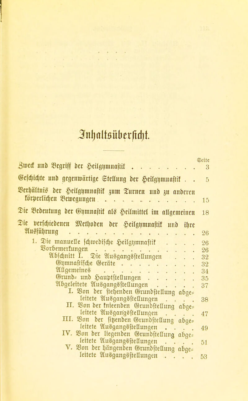 Snljaüsükrftdjt. ©cite Smä unb Segriff Der $eilgijmiiaftif 3 @efd|icf)te unb gegentoiiriige ©teünng ber £eilgtmtnnftif . . 5 53erl)älint3 ber £eUgtjmiwfttf junt Xnutn unb 31t nuberen föriierlicfjen SBetDcgungen ., 15 Sie Sebeurung ber ©nntnaftif atö Heilmittel im allgemeinen 18 Sie berfdnebenen Sterben ber $eilgtjmnaftif unb ifjre 2luöfül)ritng 26 1. Sie manuelle fcf)Webifcf)e ^eifgl^mnaftif .... 26 SSorbemerfungen 26 2t6fönitt I. ®te 2üt§gang§ftelhmgen . . ! 32 ©rnnnafitfcf)e ©eräte 32 2111gemeine§ 34 ©runb= unb £>au£tftellungen 35 2(6geleitete 51u§gang§ftetlungen 37 I. S3on ber fieljenben ©runbftellung abge= leitete 9(u8gang§fieIIungen .... 38 IT. S3on ber fnieenben ©rutibftetlung aBge= leitete 3Iu§gang?fteIIungen .... 47 TIT. S3on ber fißenben ©run'bfteflung afcge= leitete 2(u§gang§fteflungen .... 49 IV. 58on ber liegenben ©runbftetlung abge= leitete 21u§gang3ftellutigen .... 51 V. SSon ber fjängenben ©runbfteüung abge= leitete 21u§gang3fte Hungen .... 53