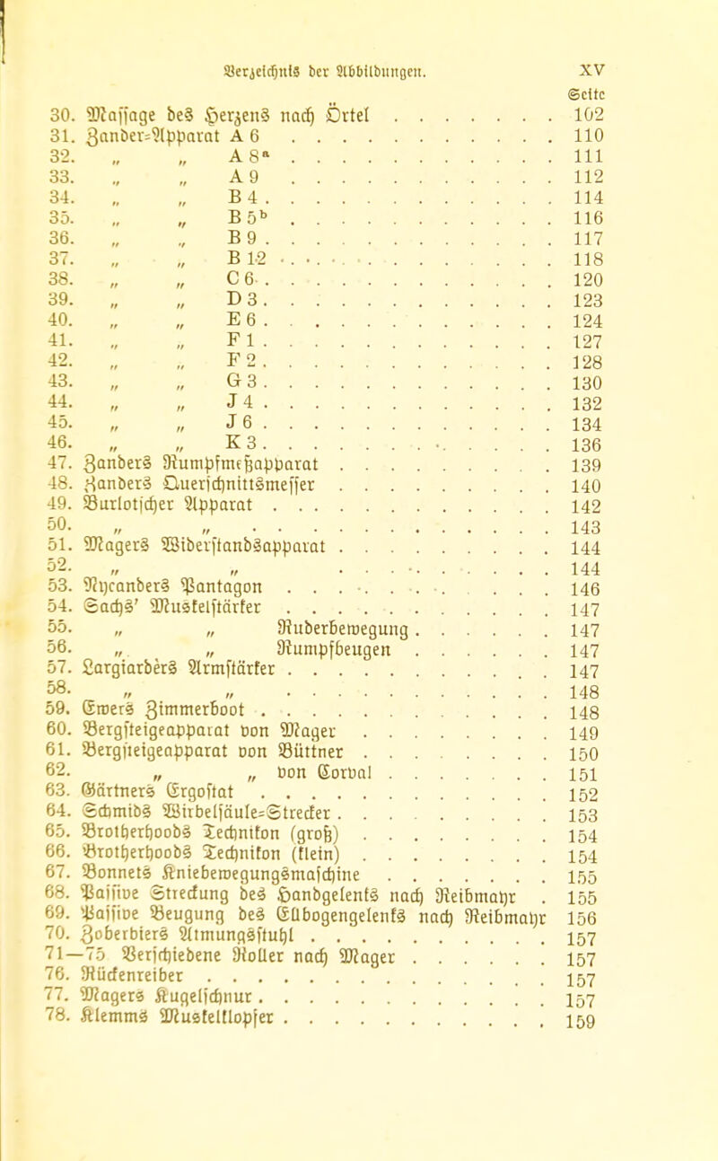 Scttc 30. SKaffage be§ ©erjenS nadj Ortet 102 31. 3anöev=9(ppavat A 6 110 32. „ „ A8» 111 33. ., „ A9 112 34 B4 114 35. ., „ B5b 116 36. „ B 9 117 37. „ „ B1-2 ....... 118 38. „ „ C6-. . • 120 39. „ „ D3 123 40. „ „ E 6 124 41 Fl 127 42 F2 128 43. „ „ G3 130 44. „ „ J4 132 45. „ „ J6 134 46. „ „ K3 • 136 47. 3an&er§ Diumpfmcfjapljarat 139 48. tfanbers' jQueridjnittSmeffer 140 49. SSurlotjctjer Stpparat 142 50- „ „ 143 51. Wägers' 3Sibet|tanb§apparat 144 ö2. „ ........... 144 53. 9hicanber§ ^antagort . . . . . ■. . . . 146 54. (5ad)§' ajiitsfelftärfer 147 55. „ „ SRuberbemegung 147 56. „. „ 8tumpfbeugen 147 57. 2argtarber§ Slrmffärfer 147 58. „ „  . 148 59. Groers 3immerD001 148 60. Seigfteigeapparat Don Wager 149 61. 53erg|ietgeapparat Dort SBüttner 150 62. „ n Don ßorba! 151 63. (Mrtners Grgoftat 152 64. Scbmibs' 3Sirbeliäule=Strecter 153 65. 33rott)ert)oob§ tecfmtfon (grofe) 154 66. !Örott)ert)oob§ £ecf)ntfon (tiein) 154 67. 53onnets ftnieberoegungsmaJct)ine 155 68. ^aiiiue Sttedung be3 £>anbgetent§ nadj Dteibmatjr . 155 69. ^aifioe Beugung be§ GübogengelentS nact) 9feibmat)r 156 70. 3oberbiers 2ttmung3ftut)t 157 71—75 33erj(t)iebene SHotter nacf) Wager 157 76. SHücfenreiber 157 77. Wagers ftugelicf)tiur ' . 157 78. Ätetnmä Wusfeltlopier 159