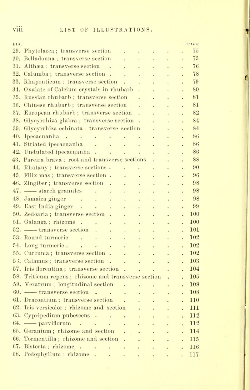 I'Hi. PAGE 29. Phytolacca; transverse section ..... 75 30. Belladonna; transverse section ..... 75 31. Altbsea; transverse section .... 76 32. Calumba ; transverse section ...... 78 33. Rhaponticum ; transverse section ..... 79 34. Oxalate of Calcium crystals in rhubarb .... 80 35. Russian rhubarb ; transverse section .... 81 36. Chinese rhubarb ; transverse section .... 81 37. European rhubarb ; transverse section . . . .82 38. Glyeyrrhiza glabra ; transverse section .... 84 39. Glyeyrrhiza echinata : transverse section ... 84 40. Ipecacuanha ......... 86 41. Striated ipecacuanha 86 42. Undulated ipecacuanha ....... 86 43. Pareira brava ; root and transverse sections ... 88 44. Rhatany ; transverse sections ...... 90 45. Filix mas ; transverse section ...... 96 46. Zingiber ; transverse section ...... 98 47. starch granules 98 48. Jamaica ginger ........ 98 49. East India ginger 99 50. Zedoaria ; transverse section ...... 100 51. Galanga; rhizome . . . . . . . .100 52. transverse section 101 53. Round turmeric 102 54. Long turmeric ......... 102 55. Curcuma ; transverse section ...... 102 5J. Calamus; transverse section ...... 103 57. Iris florentina ; transverse section ..... 104 58. Triticum repens ; rhizome and transverse section . . 105 59. Veratrum ; longitudinal section ..... 108 60. transverse section ....... 108 61. Dracontium ; transverse section ..... 110 62. Iris versicolor ; rhizome and section . . . .111 63. Cypripedium pubescens 112 64. parvirlorum . . . . . . . .112 65. Geranium ; rhizome and section ..... 114 66. Tormentilla ; rhizome and section . . . . .115 67. Bistorta; rhizome . . . . . . . .116 68. Podophyllum: rhizome . . . . . . .117