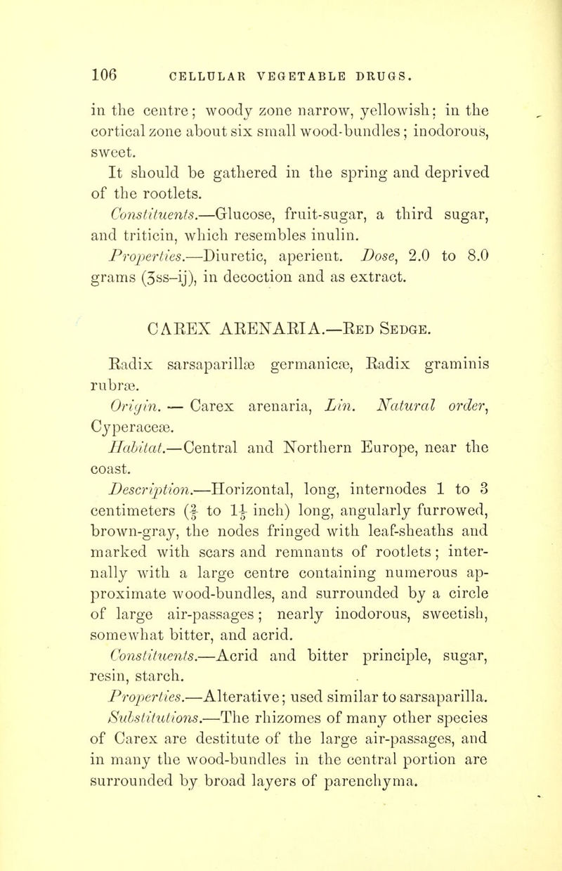 in the centre; woody zone narrow, yellowish; in the cortical zone about six small wood-bundles; inodorous, sweet. It should be gathered in the spring and deprived of the rootlets. Constituents.—Glucose, fruit-sugar, a third sugar, and triticin, which resembles inulin. Properties.—Diuretic, aperient. Dose, 2.0 to 8.0 grams (3ss-ij), in decoction and as extract. CABEX ABENAKI A.—Bed Sedge. Badix sarsaparillge germanicas, Badix graminis rubrse. Origin. — Carex arenaria, Lin. Natural order, Cyperaceas. Habitat.—Central and Northern Europe, near the coast. Description.—Horizontal, long, internodes 1 to 3 centimeters (f to 14- inch) long, angularly furrowed, brown-gray, the nodes fringed with leaf-sheaths and marked with scars and remnants of rootlets; inter- nally with a large centre containing numerous ap- proximate wood-bundles, and surrounded by a circle of large air-passages; nearly inodorous, sweetish, somewhat bitter, and acrid. Constituents.—Acrid and bitter principle, sugar, resin, starch. Properties.—Alterative; used similar to sarsaparilla. Substitutions.—The rhizomes of many other species of Carex are destitute of the large air-passages, and in many the wood-bundles in the central portion are surrounded by broad layers of parenchyma.