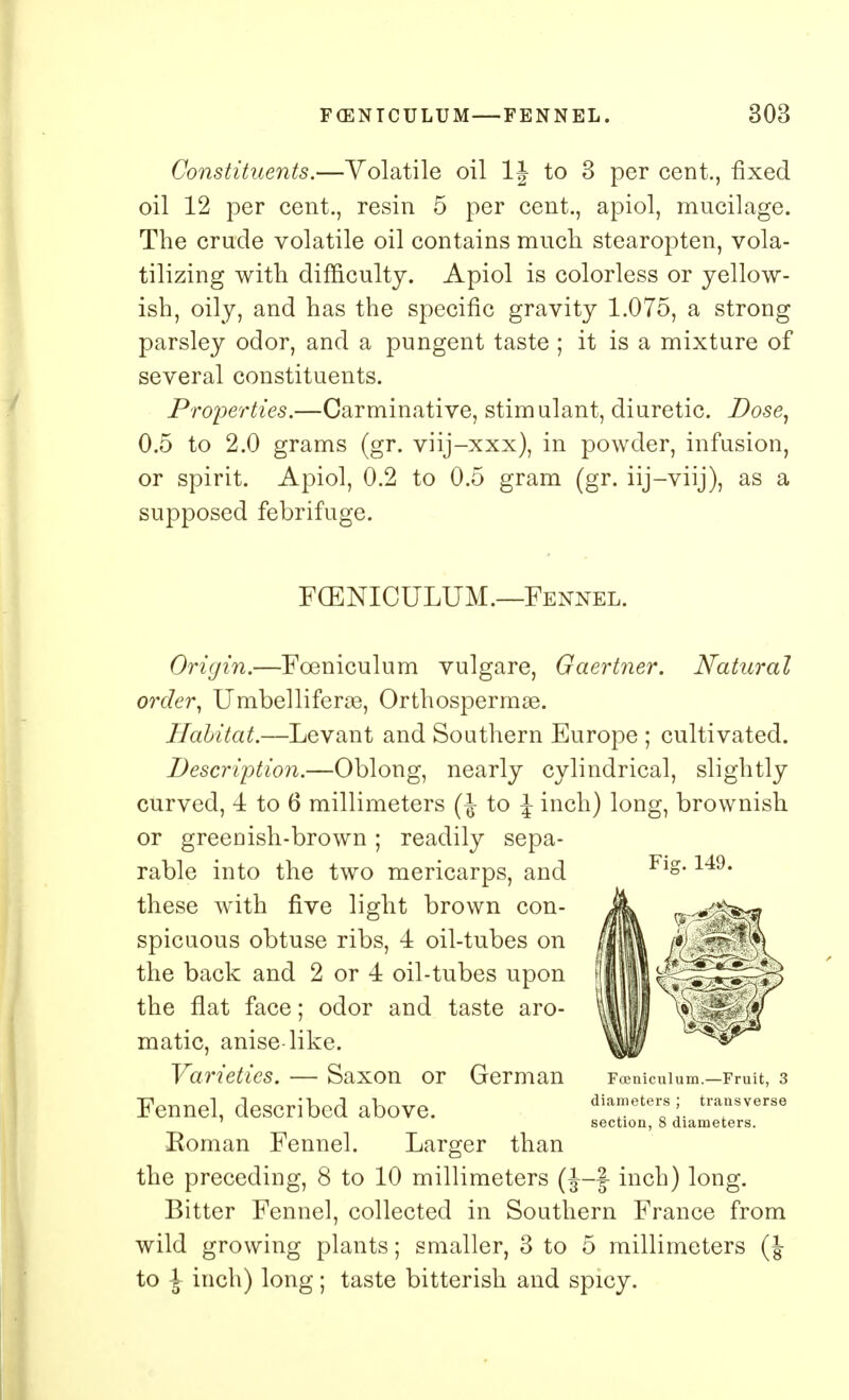 Constituents.—Volatile oil 1J to 3 per cent., fixed oil 12 per cent., resin 5 per cent., apiol, mucilage. The crude volatile oil contains much stearopten, vola- tilizing with difficulty. Apiol is colorless or yellow- ish, oily, and has the specific gravity 1.075, a strong parsley odor, and a pungent taste ; it is a mixture of several constituents. Properties.—Carminative, stimulant, diuretic. Dose, 0.5 to 2.0 grams (gr. viij-xxx), in powder, infusion, or spirit. Apiol, 0.2 to 0.5 gram (gr. iij-viij), as a supposed febrifuge. FCENICULUM.—Fennel. Fig. 149. Origin.—Foeniculum vulgare, Gaertner. Natural order, Umbel life roe, Orthospermse. Habitat.—Levant and Southern Europe ; cultivated. Description.—Oblong, nearly cylindrical, slightly curved, 4 to 6 millimeters (\ to J inch) long, brownish or greenish-brown; readily sepa- rable into the two mericarps, and these with five light brown con- spicuous obtuse ribs, 4 oil-tubes on the back and 2 or 4 oil-tubes upon the flat face; odor and taste aro- matic, anise-like. Varieties. — Saxon or German Fennel, described above. Roman Fennel. Larger than the preceding, 8 to 10 millimeters (J-f- inch) long. Bitter Fennel, collected in Southern France from wild growing plants; smaller, 3 to 5 millimeters (J- to \ inch) long; taste bitterish and spicy. Foeniculum.—Fruit, 3 diameters ; transverse section, 8 diameters.