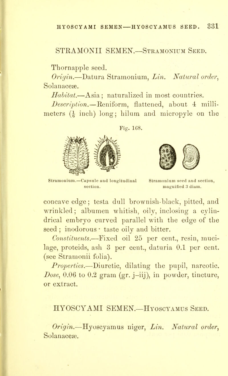 STRAMONII SEMEN.—Stramonium Seed. Thornapple seed. Origin.—Datura Stramonium, Lin. Natural order, Solanaceae. Habitat.—Asia; naturalized in most countries. Description.—Keniform, flattened, about 4 milli- meters (J inch) long; hilura and micropyle on the concave edge; testa dull brownish-black, pitted, and wrinkled; albumen whitish, oily, inclosing a cylin- drical embryo curved parallel with the edge of the seed ; inodorous • taste oily and bitter. Constituents.—Fixed oil 25 per cent., resin, muci- lage, proteids, ash 3 per cent., daturia 0.1 per cent, (see Stramonii folia). Properties.—Diuretic, dilating the pupil, narcotic. Dose, 0.06 to 0.2 gram (gr. j-iij), in powder, tincture, or extract. HYOSCYAMI SEMEN.—Hyoscyamus Seed. Fig. 168. Stramonium.—Capsule and longitudinal section. Stramonium seed and section, magnified 3 diam. Origin.—Hyoscyamus niger, Lin. Natural order, Solanaceae.