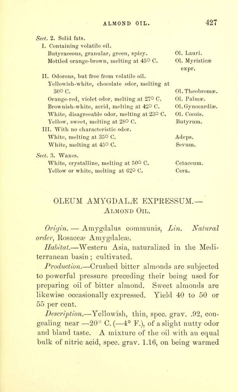 Sect. 2. Solid fats. I. Containing volatile oil. Butyraceous, granular, green, spicy. Mottled orange-brown, melting at 45° C. II. Odorous, but free from volatile oil. Yellowisli-white, chocolate odor, melting at 30O C. Orange-red, violet odor, melting at 27° C. Brownish-wliite, acrid, melting at 42° C. White, disagreeable odor, melting at 23° C. Yellow, sweet, melting at 28° C. III. With no characteristic odor. White, melting at 350 C. White, melting at 45© C. Sect. 3. Waxes. White, crystalline, melting at 50° C. Yellow or white, melting at 62° C. 01. Lauri. 01. Myristicse expr. 01. Theobromae. 01. Palmse. 01. Gynocardise. 01. Cocois. Butyrum. Adeps. Sevum. Cetaceum. Cera. OLEUM AMYGDALAE EXPKESSUM.— Almond Oil. Origin. — Amygdalus communis, Lin. Natural order, Rosacea? Amygdalea3. Habitat.—Western Asia, naturalized in the Medi- terranean basin; cultivated. Production.—Crushed bitter almonds are subjected to powerful pressure preceding their being used for preparing oil of bitter almond. Sweet almonds are likewise occasionally expressed. Yield 40 to 50 or 55 per cent. Description.—Yellowish, thin, spec. grav. .92, con- gealing near —20° C. (—4° F.), of a slight nutty odor and bland taste. A mixture of the oil with an equal bulk of nitric acid, spec. grav. 1.16, on being warmed