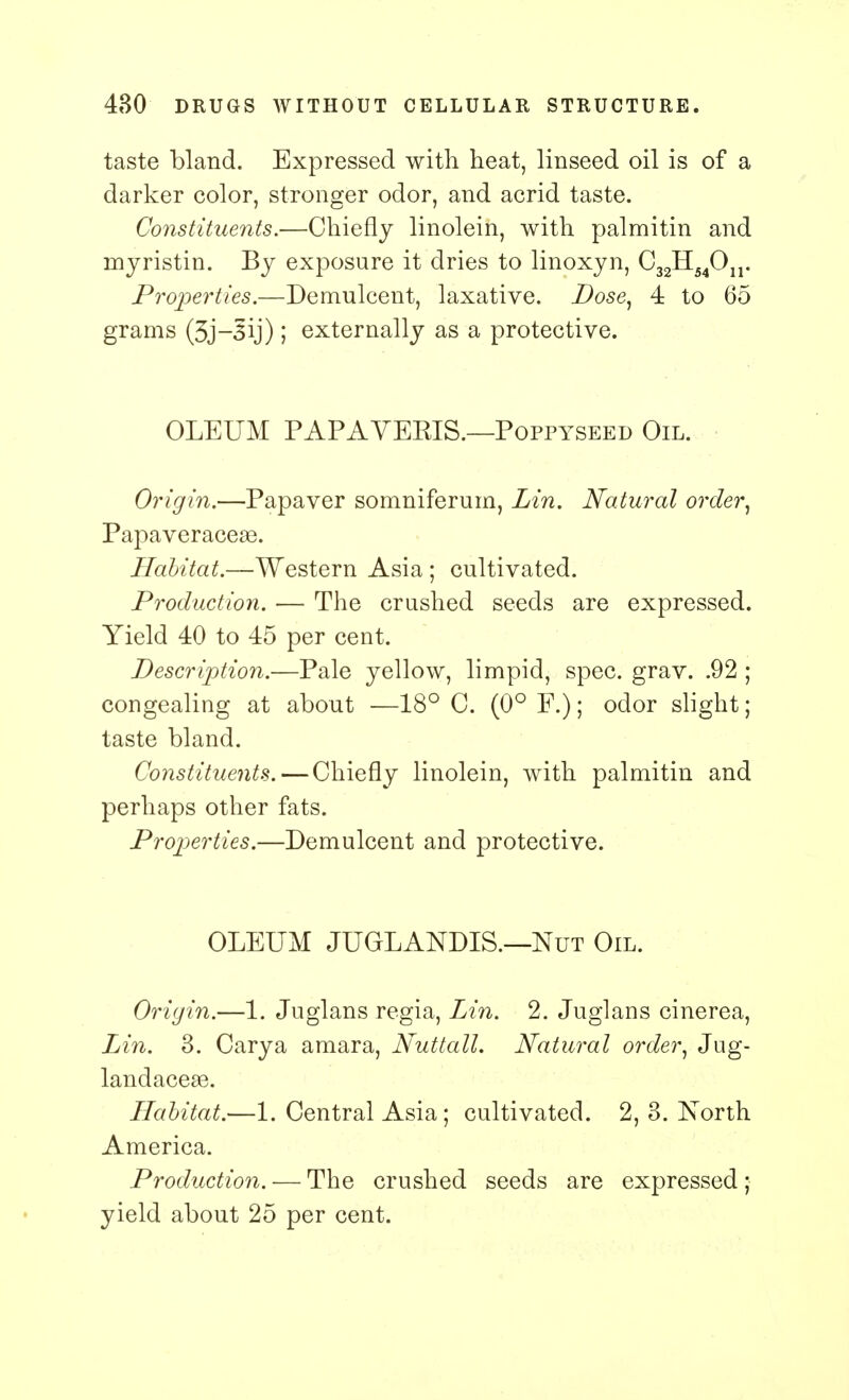 taste bland. Expressed with heat, linseed oil is of a darker color, stronger odor, and acrid taste. Constituents.—Chiefly linolein, with palmitin and rnyristin. By exposure it dries to linoxyn, G32HS4On. Properties.—Demulcent, laxative. Dose, 4 to 65 grams (3j-3ij); externally as a protective. OLEUM PAPAYEEIS.—Poppyseed Oil. Origin.—Papaver somniferum, Lin. Natural order, Papaveraceae. Habitat.—Western Asia ; cultivated. Production. — The crushed seeds are expressed. Yield 40 to 45 per cent. Description.—Pale yellow, limpid, spec. grav. .92 ; congealing at about —18° C. (0° F.); odor slight; taste bland. Constituents.—Chiefly linolein, with palmitin and perhaps other fats. Properties.—Demulcent and protective. OLEUM JUGLANDIS.—Nut Oil. Origin.—1. Juglans regia, Lin. 2. Juglans cinerea, Lin. 3. Carya amara, Nuttall. Natural order, Jug- landaceae. Habitat.—1. Central Asia; cultivated. 2, 3. North America. Production. — The crushed seeds are expressed; yield about 25 per cent.