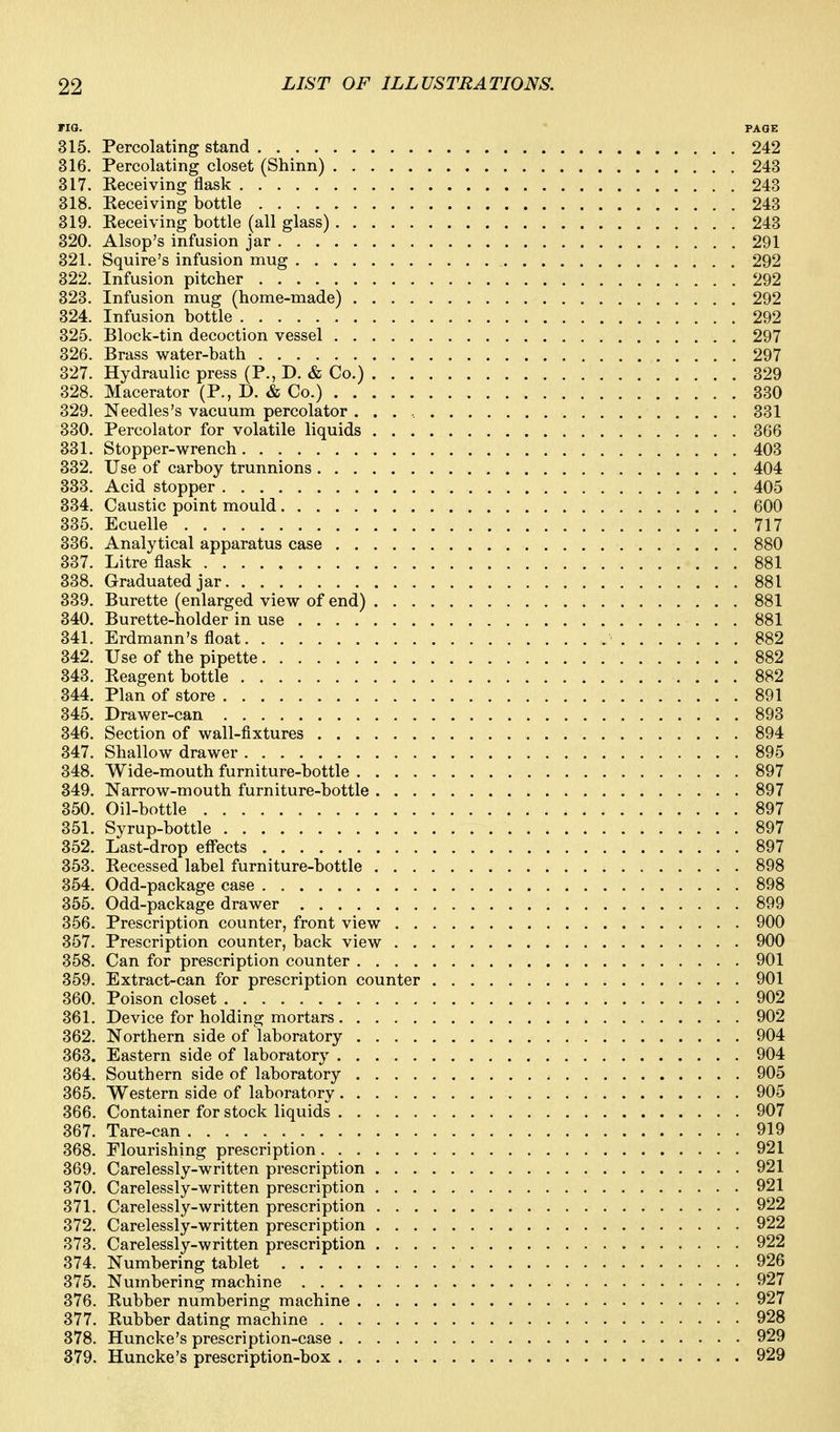 MO. PAGE 315. Percolating stand 242 316. Percolating closet (Shinn) 243 317. Keceiving flask 243 318. Keceiving bottle 243 319. Eeceiving bottle (all glass) 243 320. Alsop's infusion jar 291 321. Squire's infusion mug 292 322. Infusion pitcher 292 323. Infusion mug (home-made) 292 324. Infusion bottle 292 325. Block-tin decoction vessel 297 326. Brass water-bath 297 327. Hydraulic press (P., D. & Co.) 329 328. Macerator (P., D. & Co.) 330 329. Needles's vacuum percolator 331 330. Percolator for volatile liquids 366 331. Stopper-wrench 403 332. Use of carboy trunnions 404 333. Acid stopper 405 334. Caustic point mould 600 335. Ecuelle 717 336. Analytical apparatus case 880 337. Litre flask 881 338. Graduated jar 881 339. Burette (enlarged view of end) 881 340. Burette-holder in use 881 341. Erdmann's float 882 342. Use of the pipette 882 343. Eeagent bottle 882 344. Plan of store 891 345. Drawer-can 893 346. Section of wall-fixtures 894 347. Shallow drawer 895 348. Wide-mouth furniture-bottle 897 349. Narrow-mouth furniture-bottle 897 350. Oil-bottle 897 351. Syrup-bottle 897 352. Last-drop eff'ects 897 353. Kecessed label furniture-bottle 898 354. Odd-package case 898 355. Odd-package drawer 899 356. Prescription counter, front view 900 357. Prescription counter, back view 900 358. Can for prescription counter 901 359. Extract-can for prescription counter 901 360. Poison closet 902 361. Device for holding mortars 902 362. Northern side of laboratory 904 363. Eastern side of laboratory 904 364. Southern side of laboratory 905 365. Western side of laboratory 905 366. Container for stock liquids 907 367. Tare-can 919 368. Flourishing prescription 921 369. Carelessly-written prescription 921 370. Carelessly-written prescription 921 371. Carelessly-written prescription 922 372. Carelessly-written prescription 922 373. Carelessly-written prescription 922 374. Numbering tablet 926 375. Numbering machine 927 376. Kubber numbering machine 927 377. Eubber dating machine 928 378. Huncke's prescription-case 929 379. Huncke's prescription-box 929